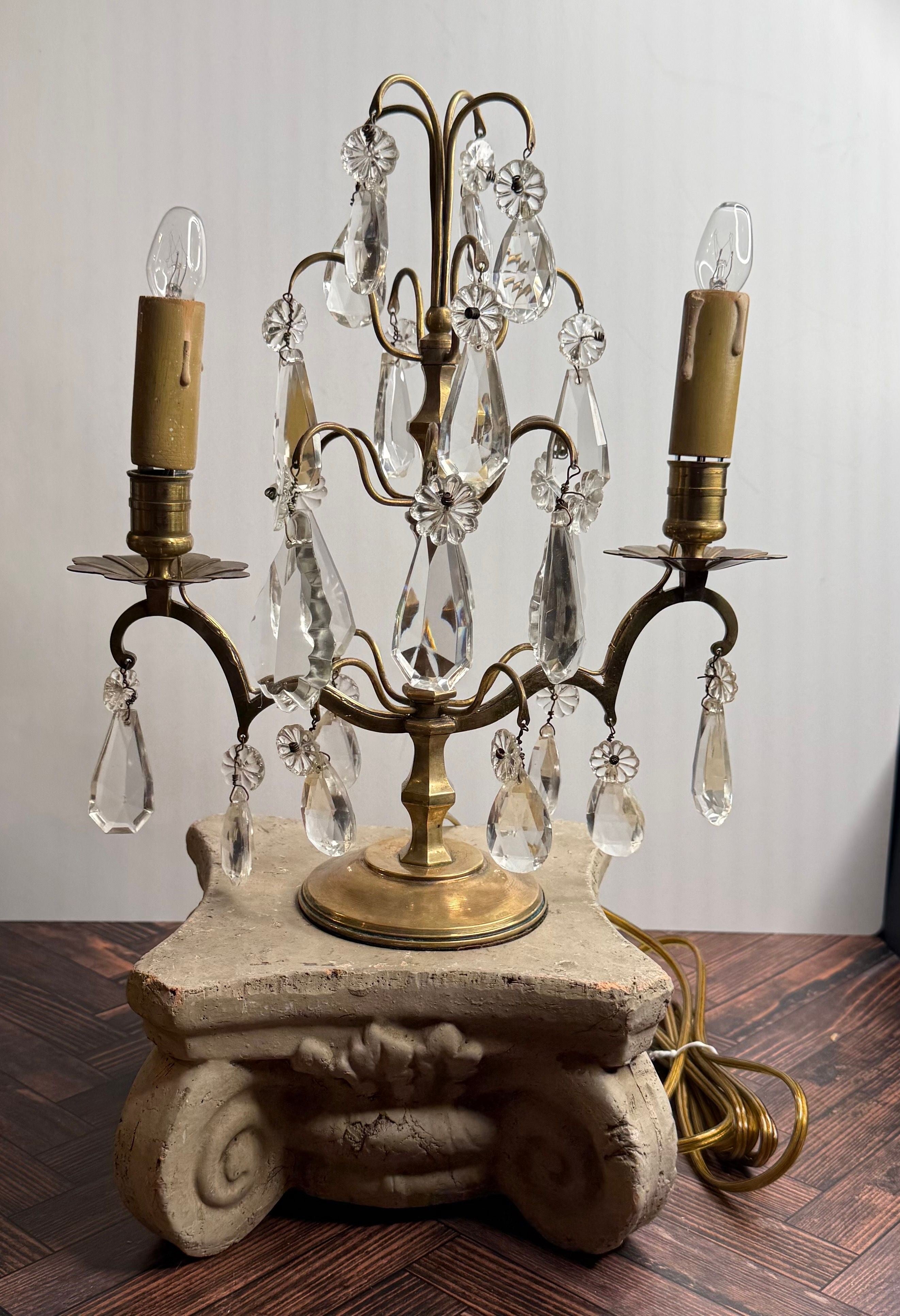 Vintage French-Style Brass & Crystal Two-Light Girandole Table Lamp — Newly Rewired Mid-20th Century