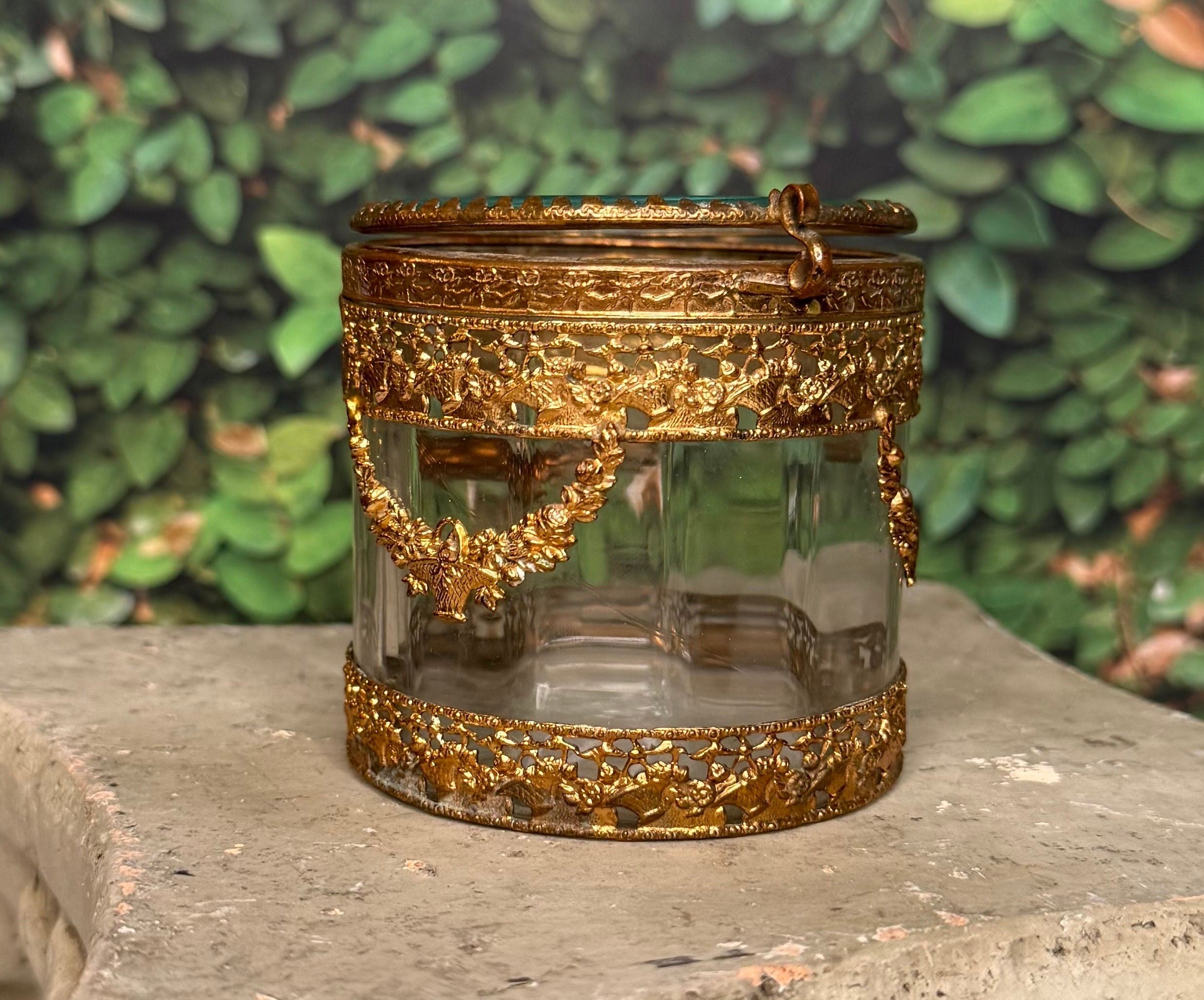 Antique French Gilt Brass and Glass Bonbonnière — Louis XVI Style Rose Swag and Basket Late 19th Century