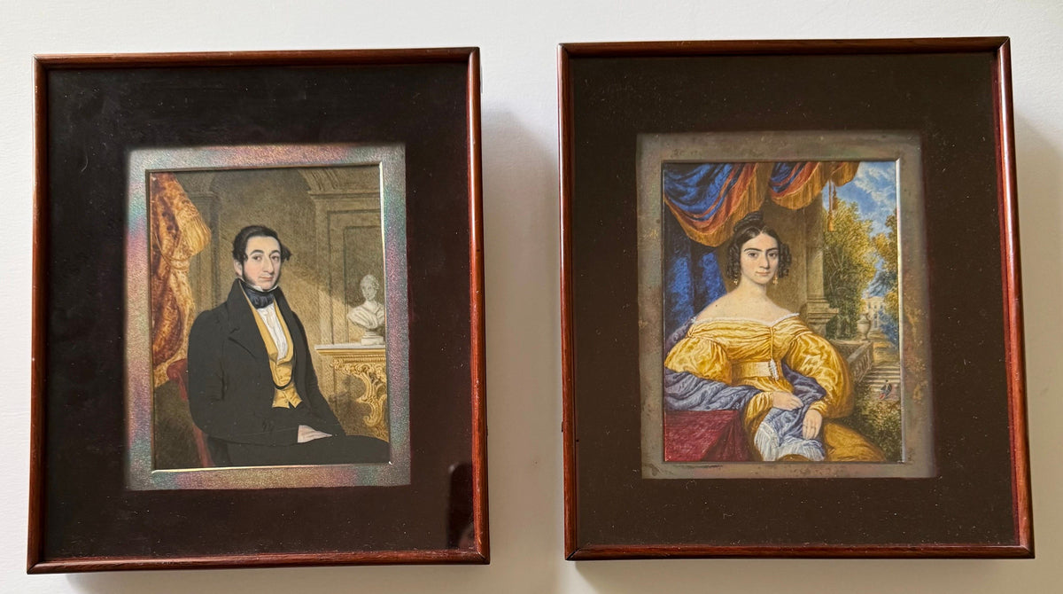 Attrib. J. Meadows, British, Pair Portrait Miniatures, Mr. and Mrs. Scavaffee, 1836