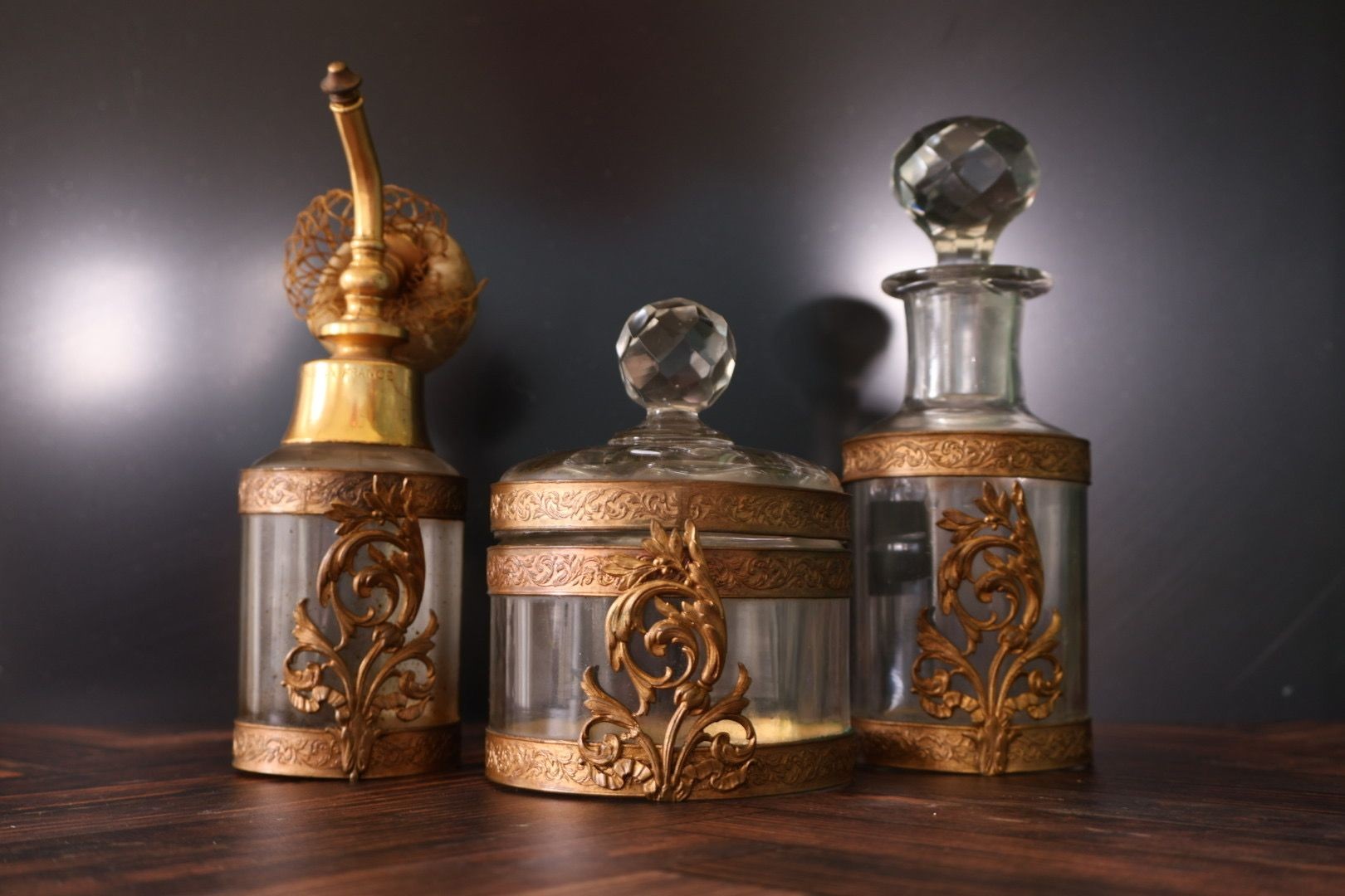 Antique French Crystal & Gilt Brass Vanity Set — Belle Époque Three-Piece Acanthus Scrollwork Made in France