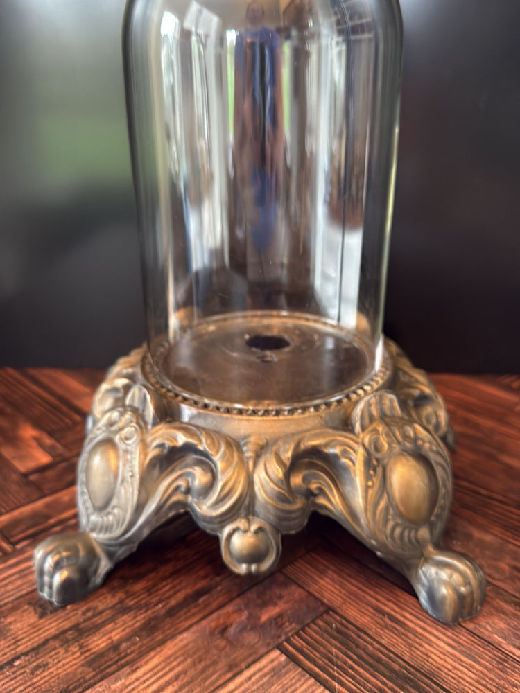 Glass Cloche, Ornate Cast Metal Base, Acanthus Paw Feet, Display Dome
