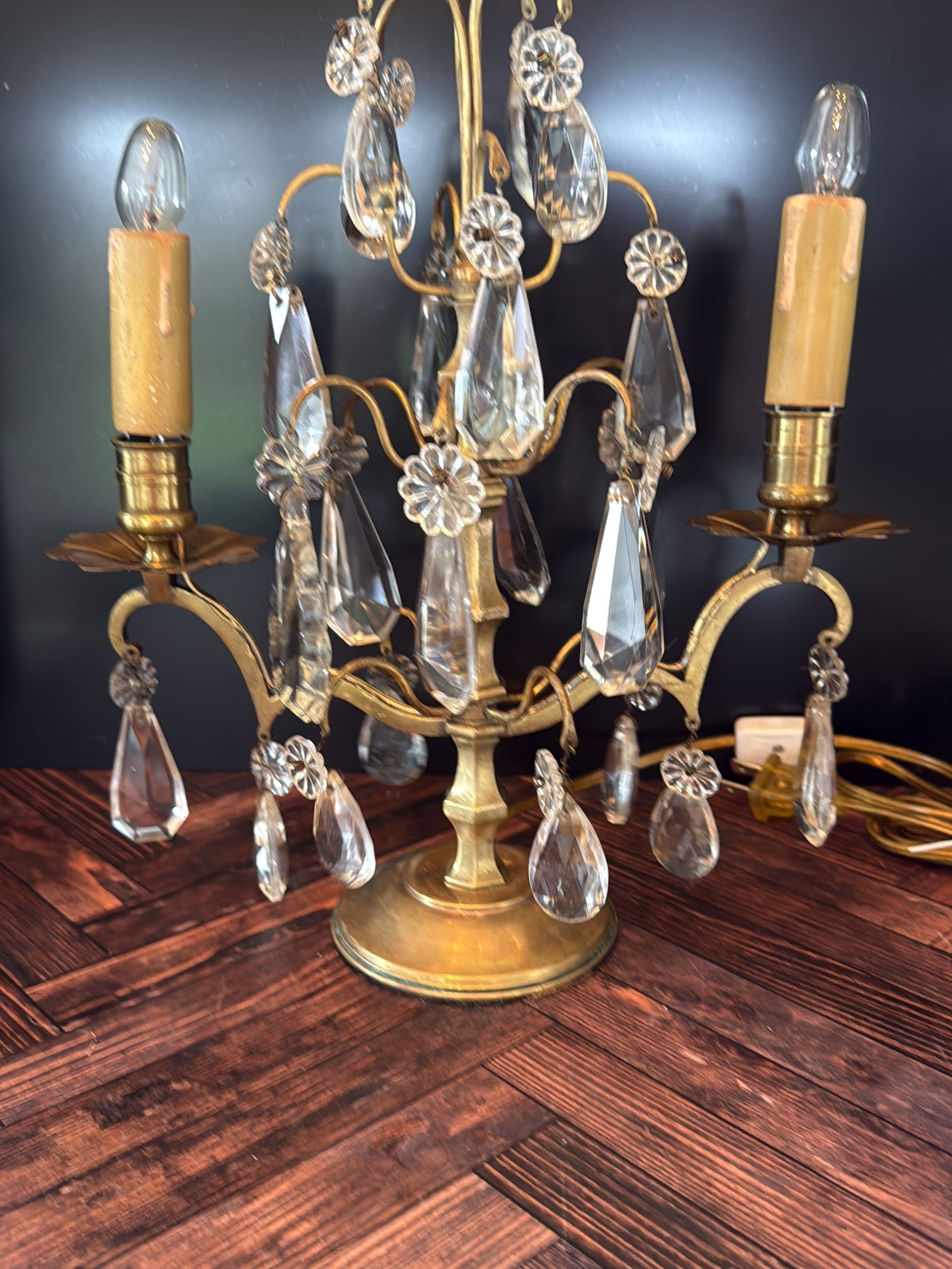 Vintage French-Style Brass & Crystal Two-Light Girandole Table Lamp — Newly Rewired Mid-20th Century