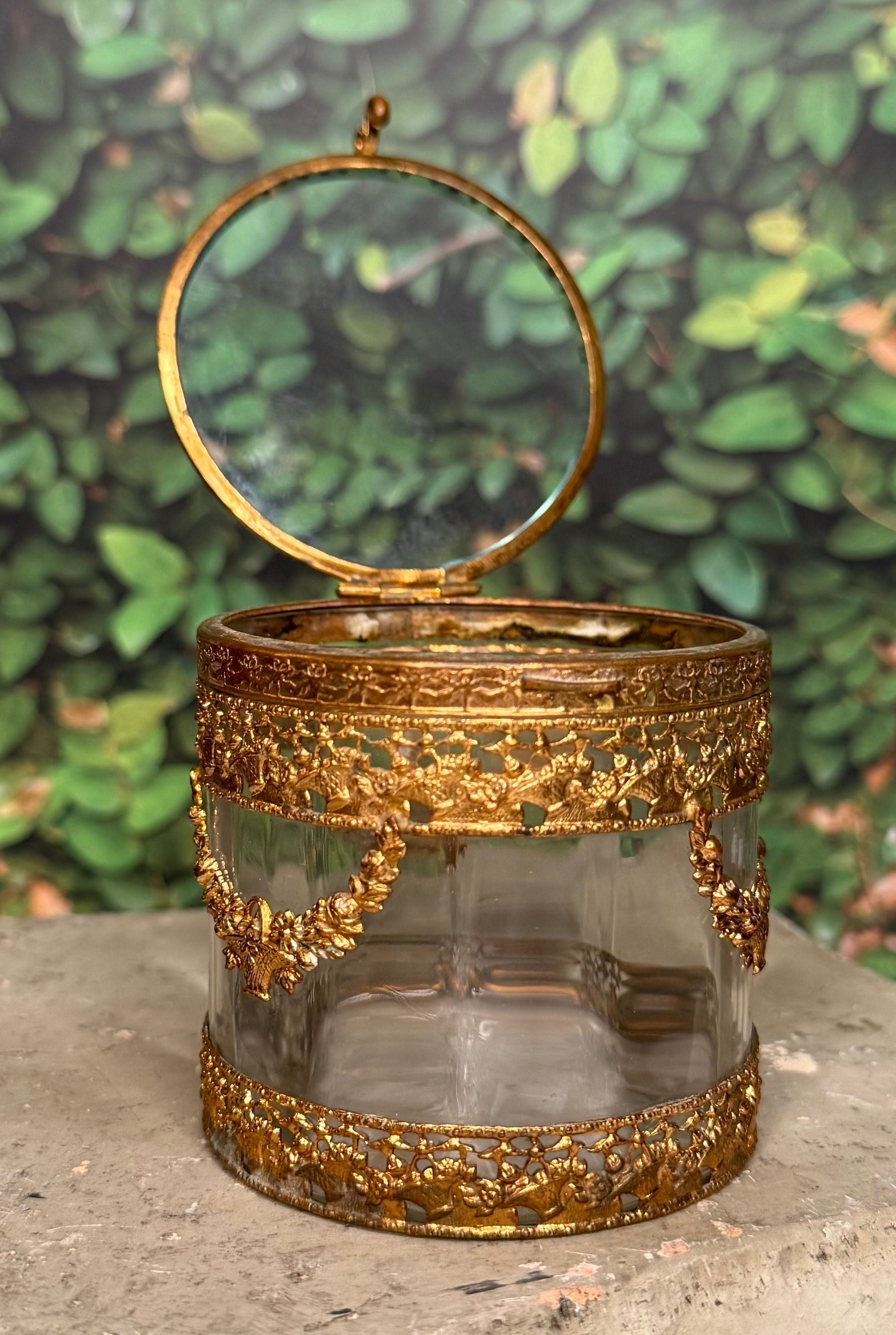 Antique French Gilt Brass and Glass Bonbonnière — Louis XVI Style Rose Swag and Basket Late 19th Century