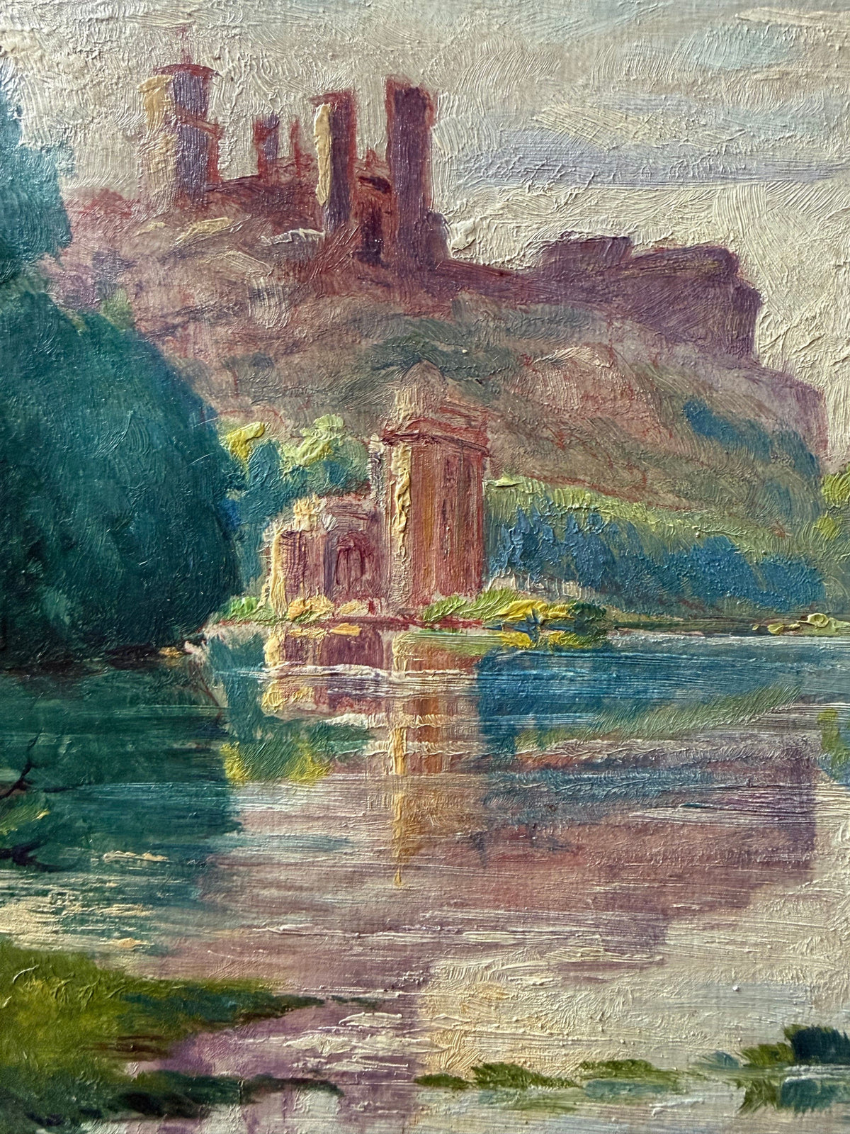 Antique French Oil on Board, River Landscape with Castle Ruins, Signed, c.1920