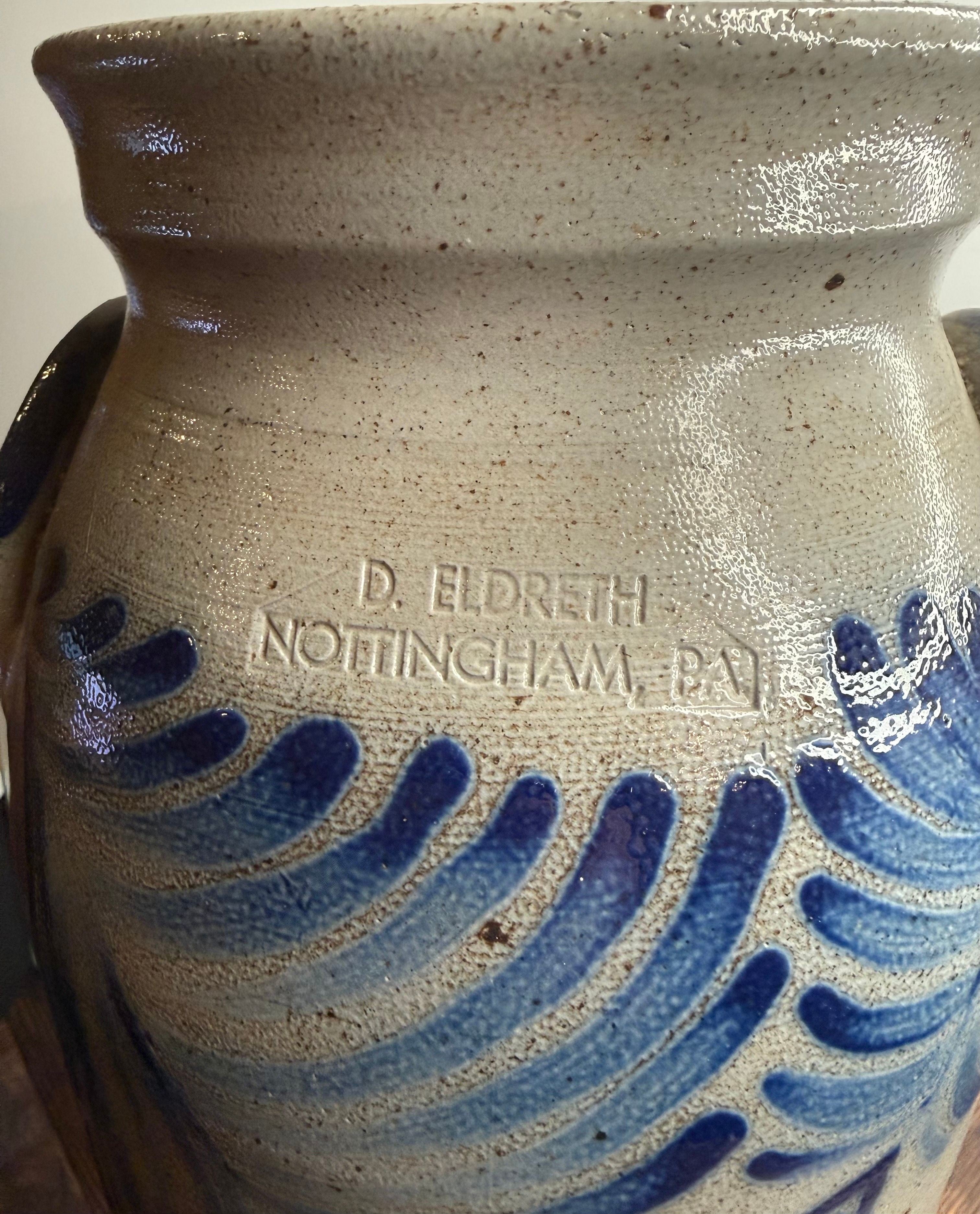 Vintage American Salt-Glazed Stoneware Vase — D. Eldreth Pottery Nottingham PA Cobalt Botanical