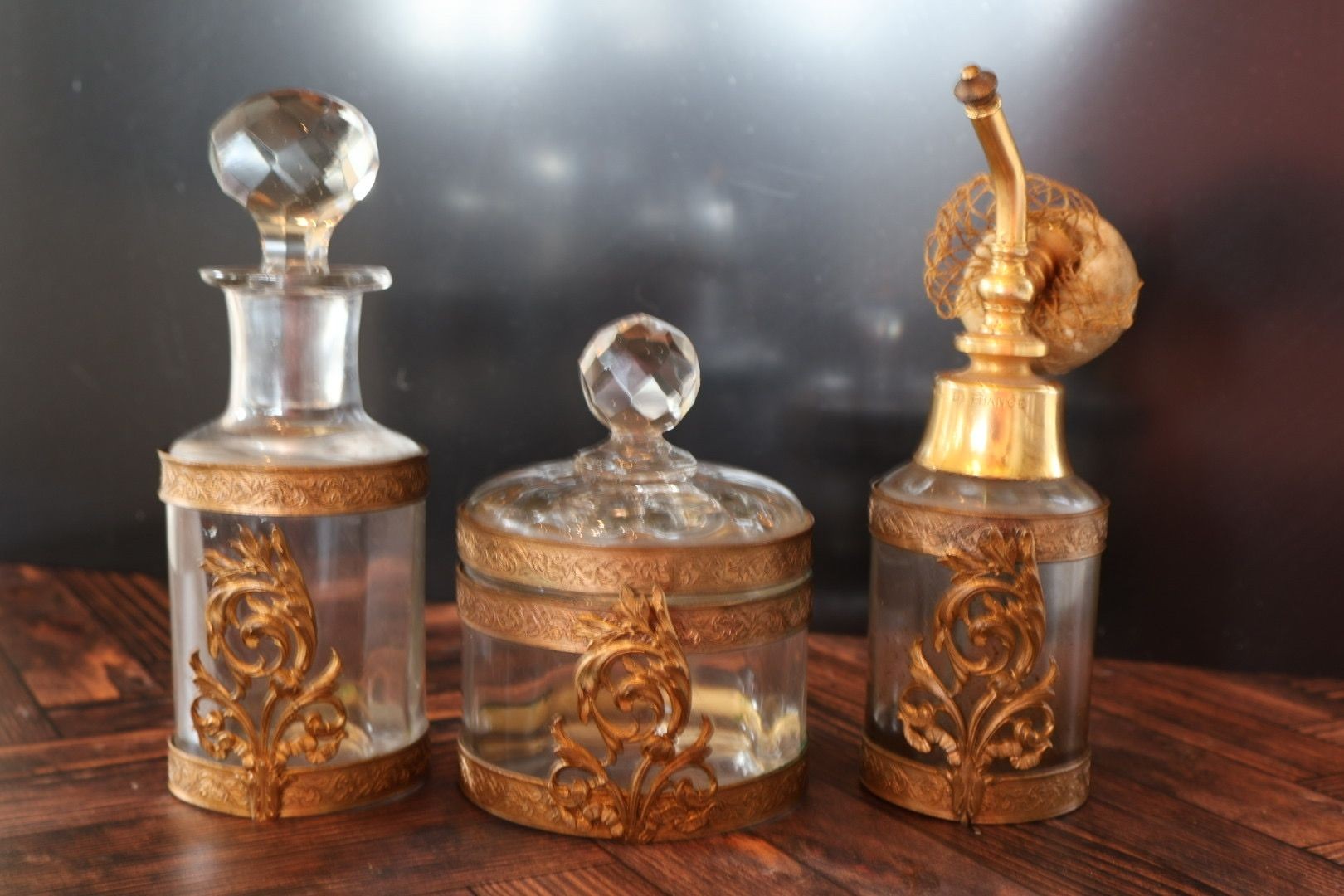 Antique French Crystal & Gilt Brass Vanity Set — Belle Époque Three-Piece Acanthus Scrollwork Made in France