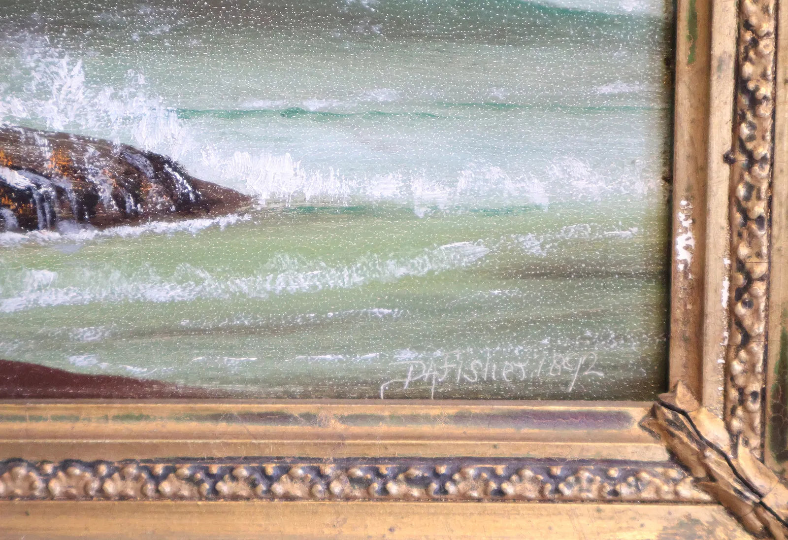 Antique American Oil on Board Marine Painting — D.A. Fisher Signed and Dated 1892