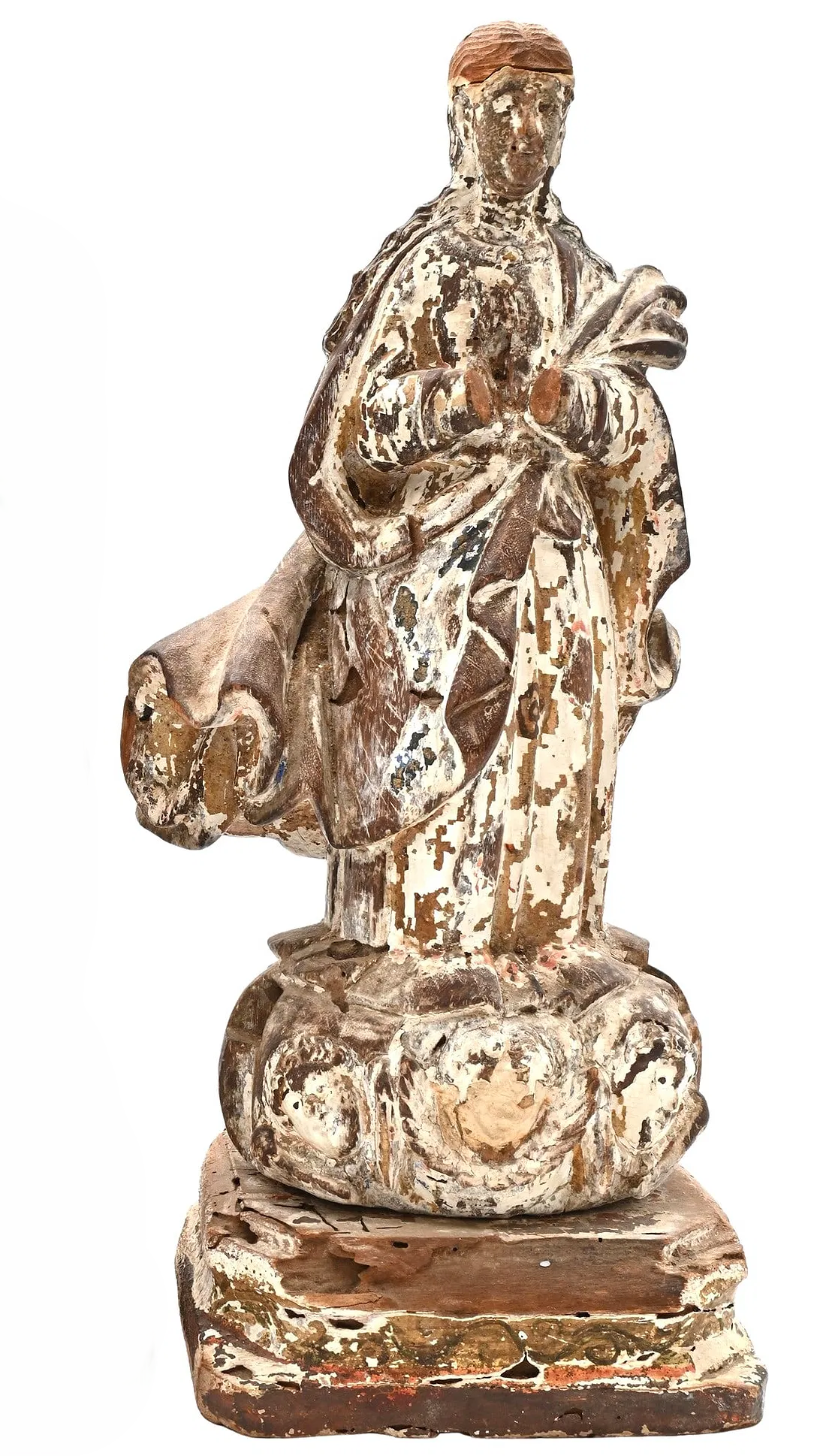 Antique European Walnut Madonna Statue — 18th–19th Century Hand-Carved Polychrome