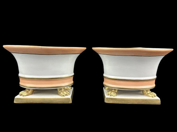Pair Continental Empire Porcelain Vases, Peach Gilt, Claw Feet, Marked 23