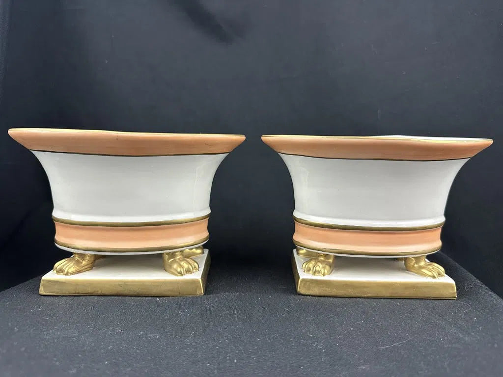 Pair Continental Empire Porcelain Vases, Peach Gilt, Claw Feet, Marked 23