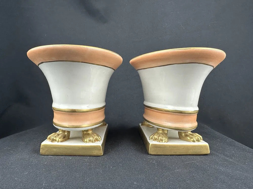 Pair Continental Empire Porcelain Vases, Peach Gilt, Claw Feet, Marked 23