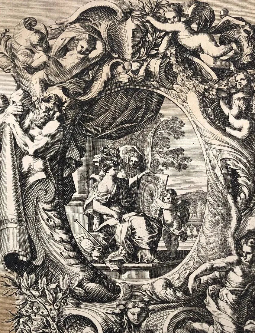Jean Le Pautre Etching, Allegory of Painting, Putti, 17th C French Baroque