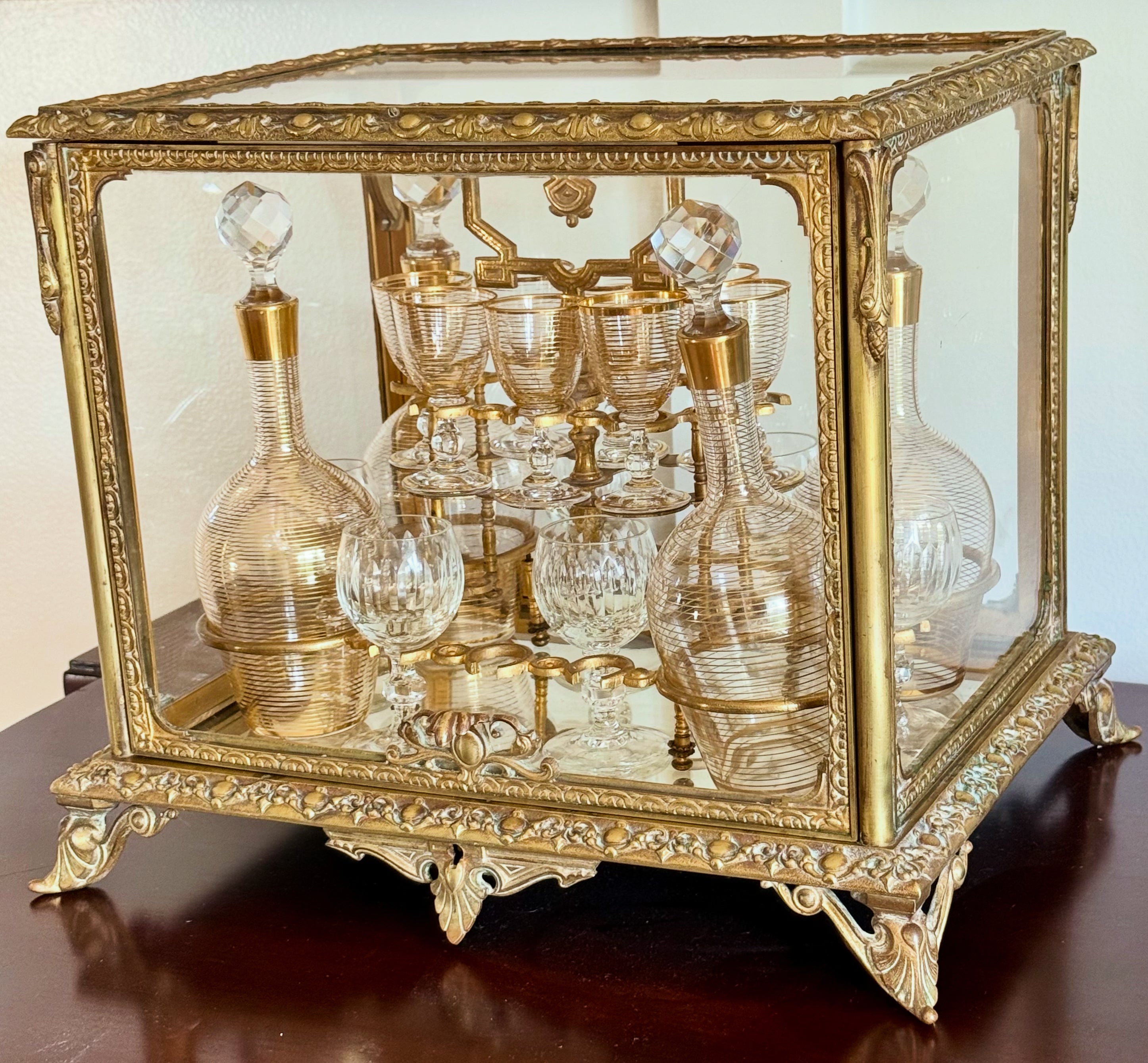 French Cave à Liqueur, Napoleon III, Gilt Brass and Beveled Glass with Crystal Decanters