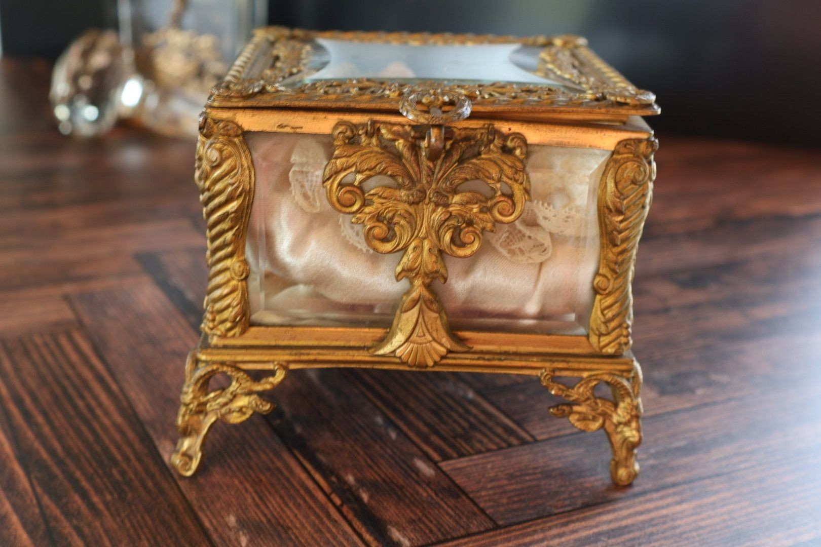 French Ormolu Glass Vitrine Casket, Wax Infant Figure
