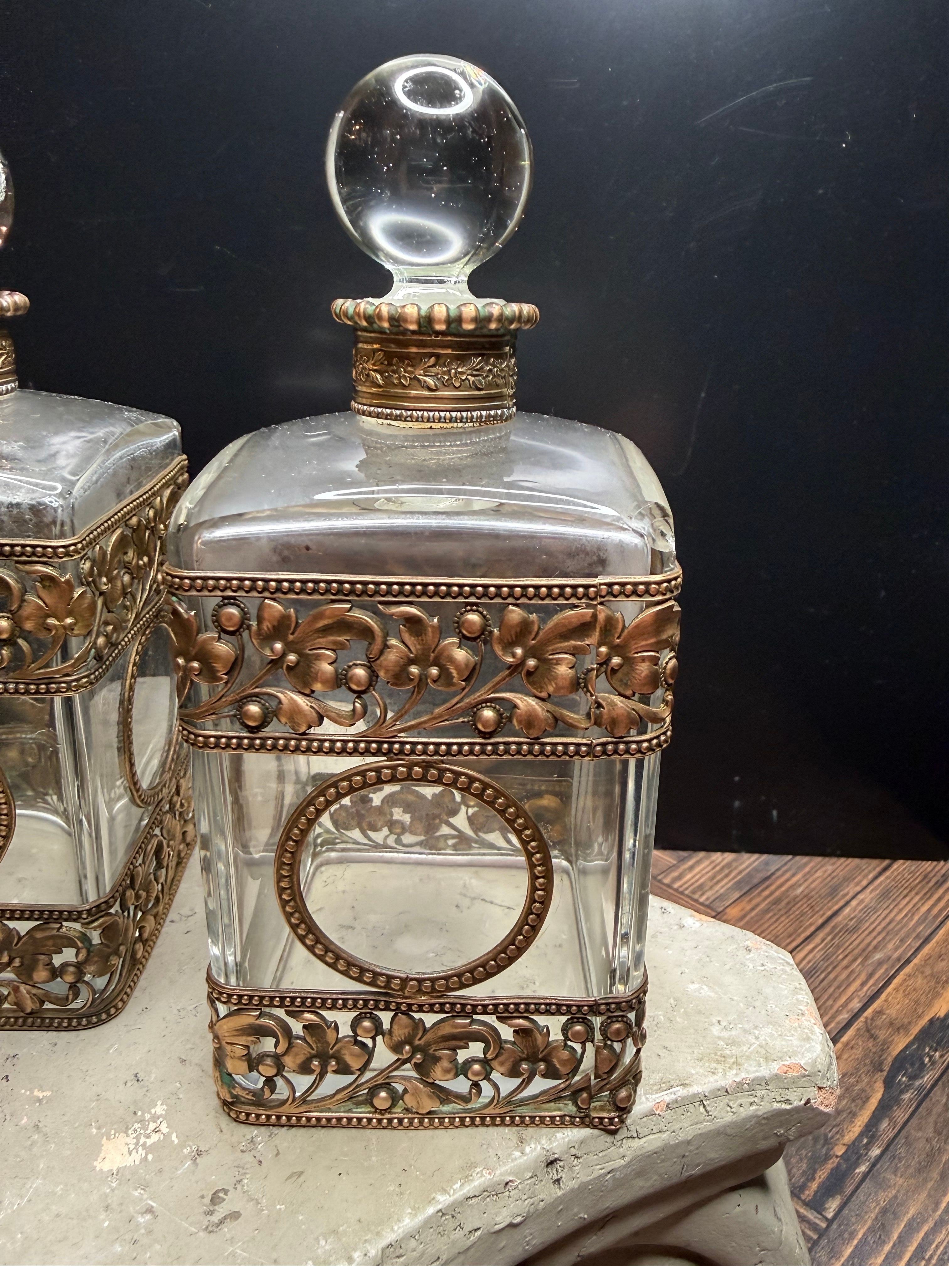 Antique French Crystal Perfume Bottle Pair — Belle Époque Pierced Gilt Brass Mounts
