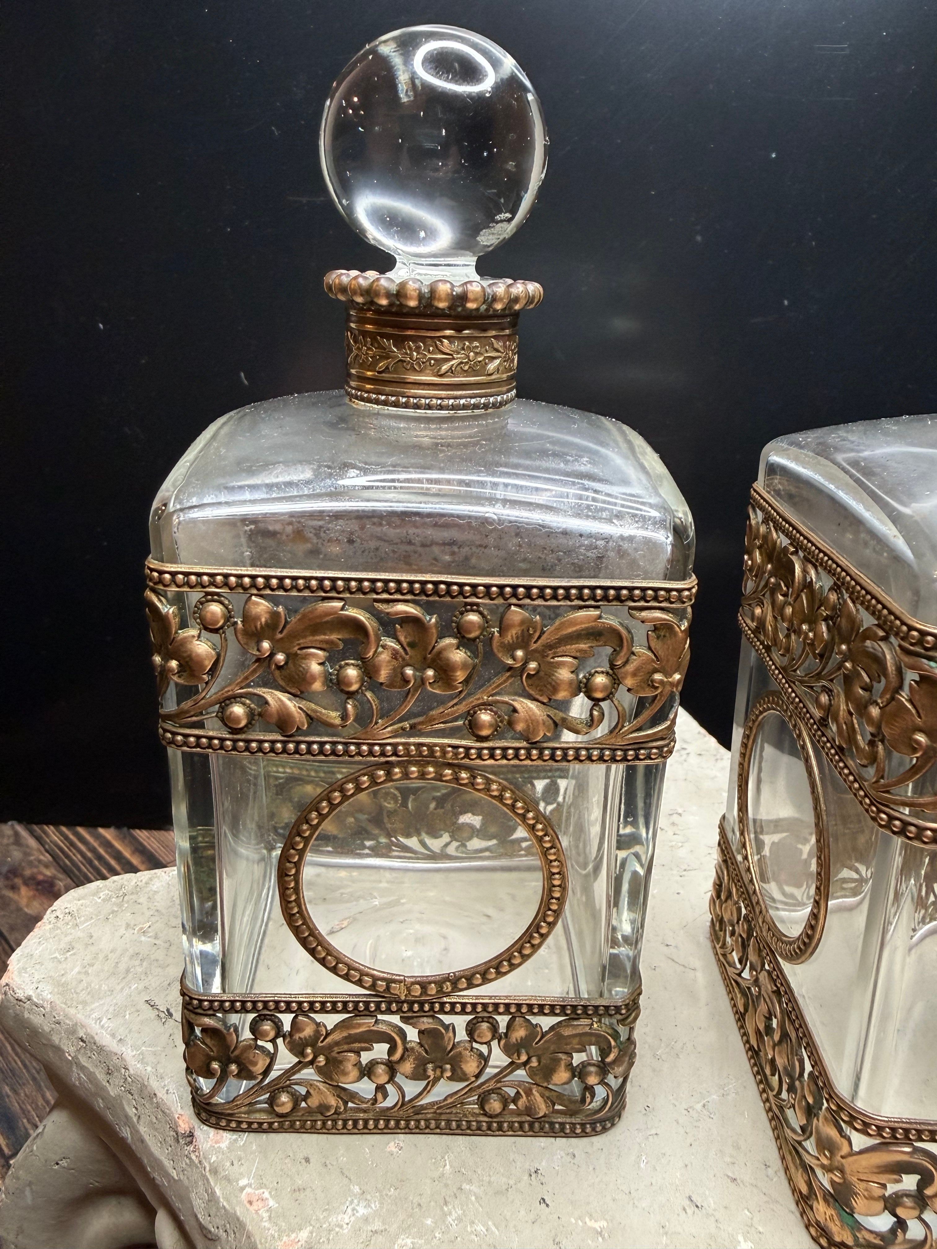 Antique French Crystal Perfume Bottle Pair — Belle Époque Pierced Gilt Brass Mounts