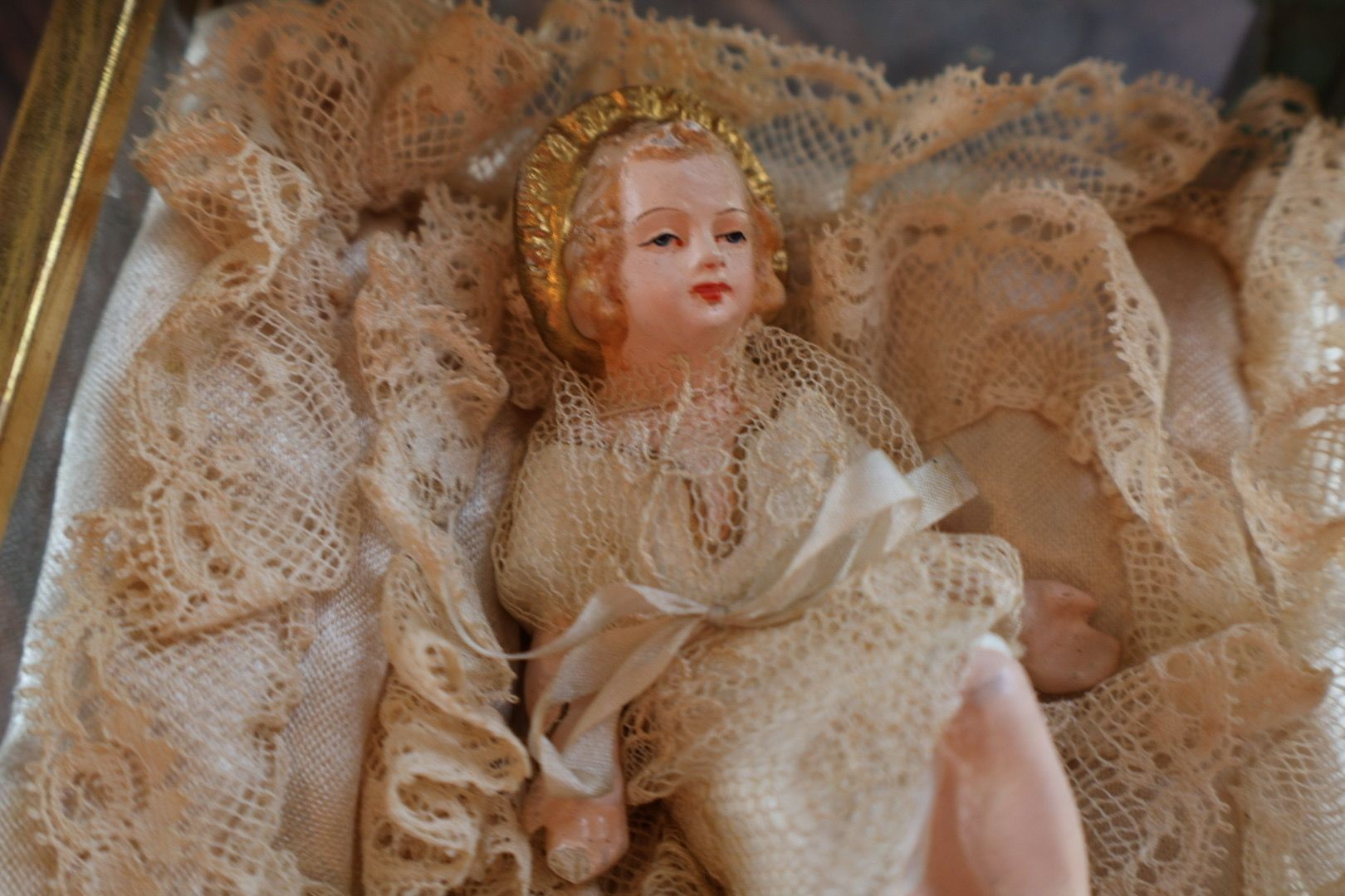 French Ormolu Glass Vitrine Casket, Wax Infant Figure