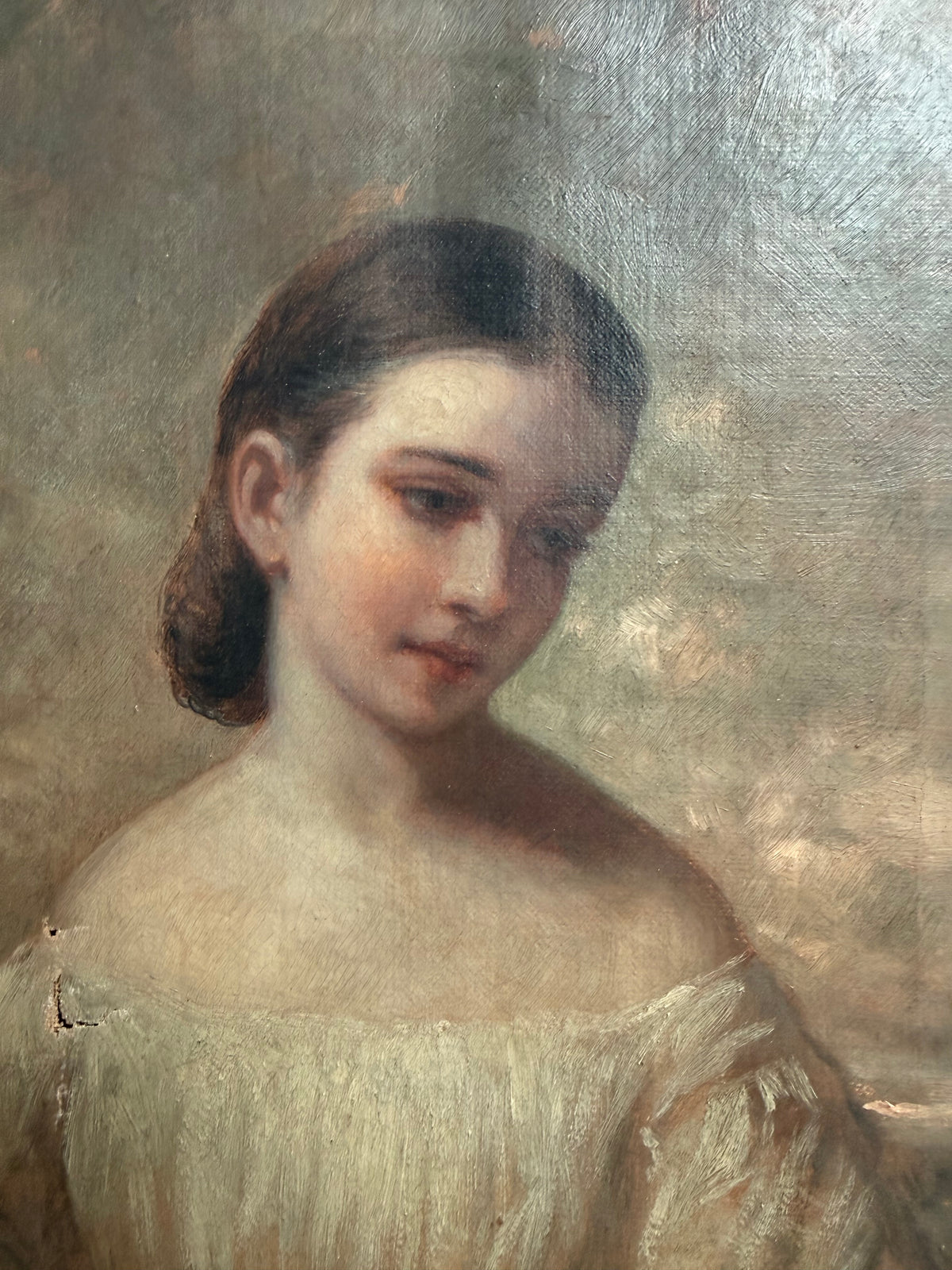 Antique 19th Century Portrait of a Young Girl, Oil on Canvas, Gilt Frame, c.1870