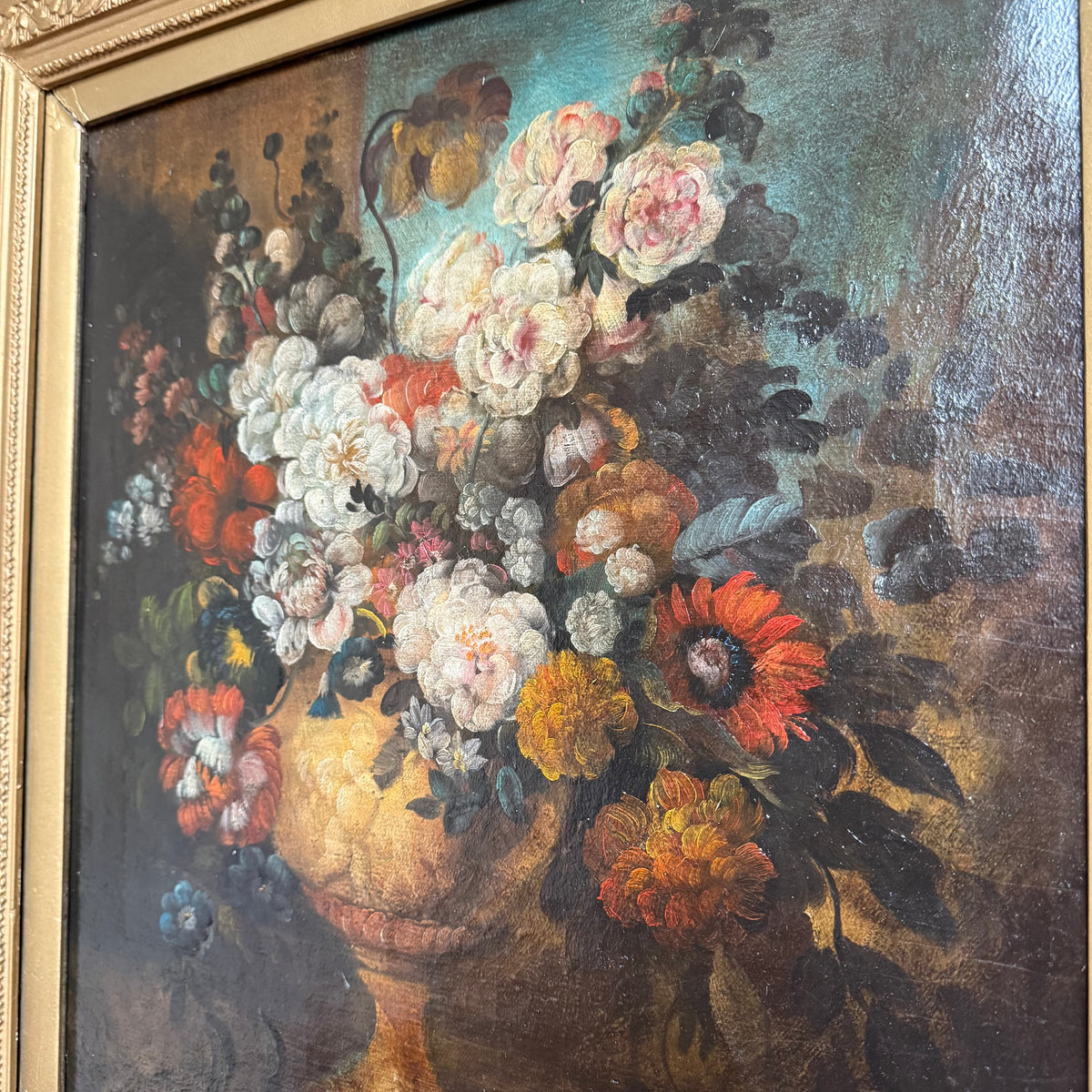 Antique Continental Floral Still Life in Urn, Oil on Canvas, 19th C., Gilt Frame
