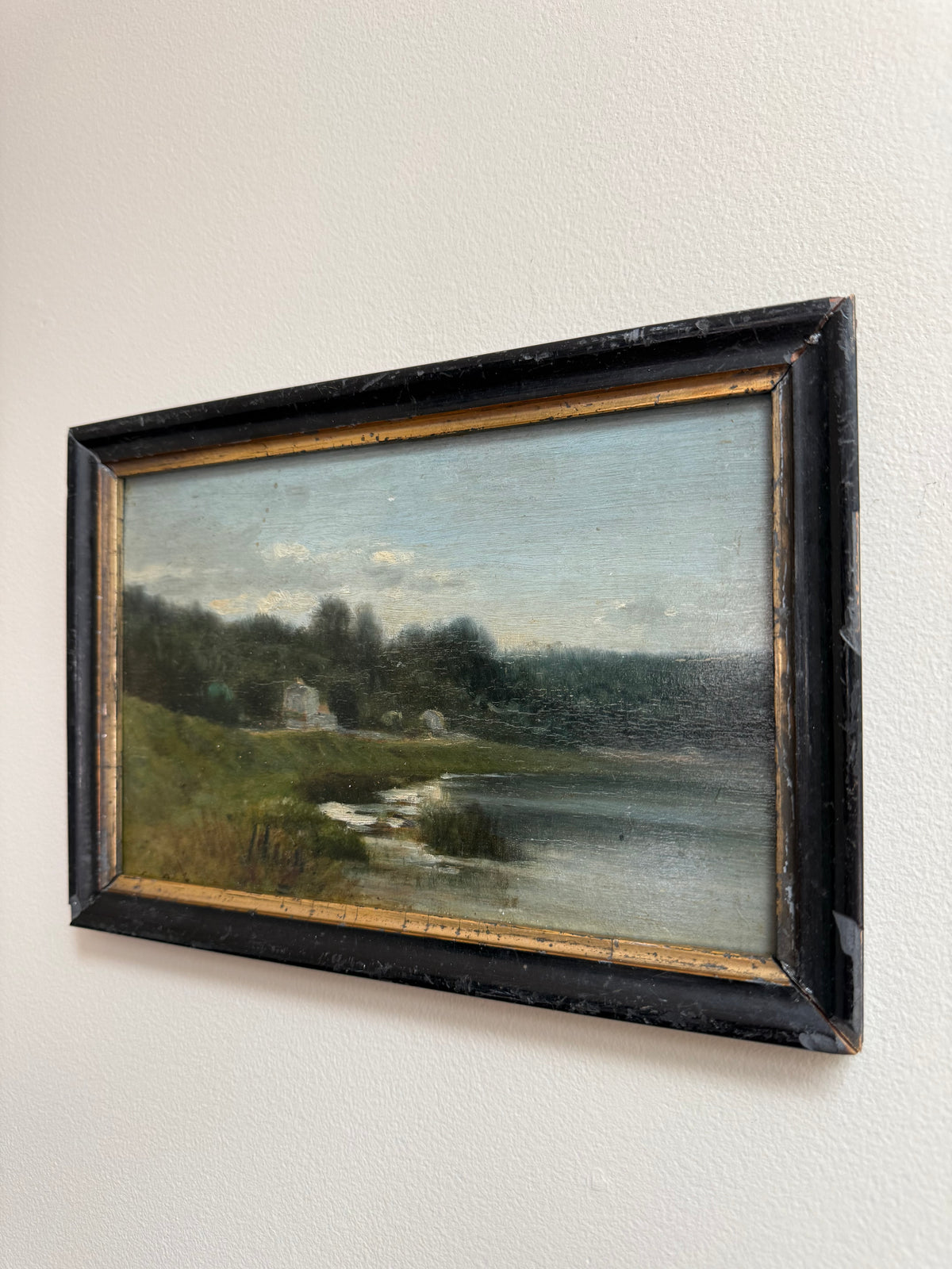 Antique 19th C. Barbizon Style Oil on Board, River Marsh, Ebonized Frame