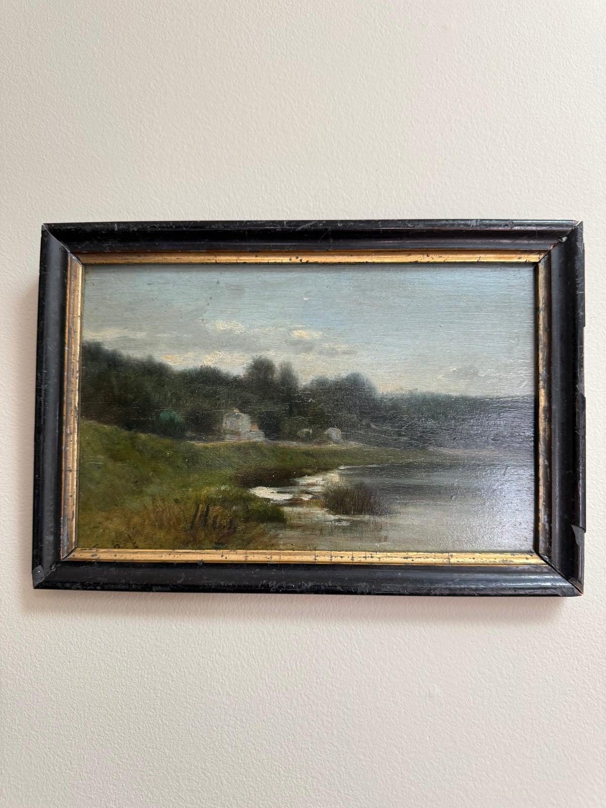 Antique 19th C. Barbizon Style Oil on Board, River Marsh, Ebonized Frame