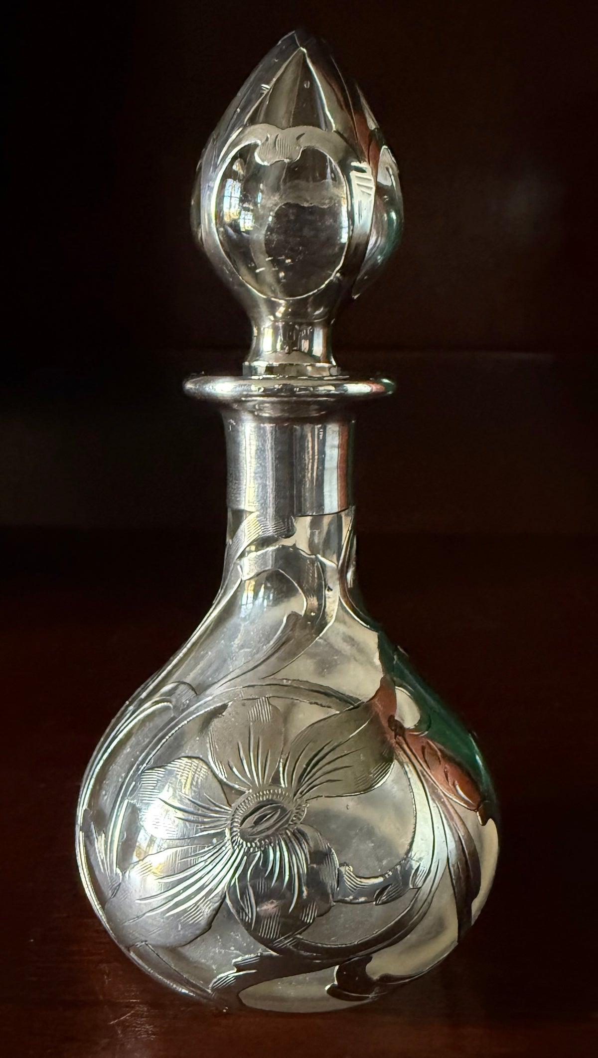 Pair Antique Sterling Silver Overlay Perfume Bottles, Engraved Art Nouveau