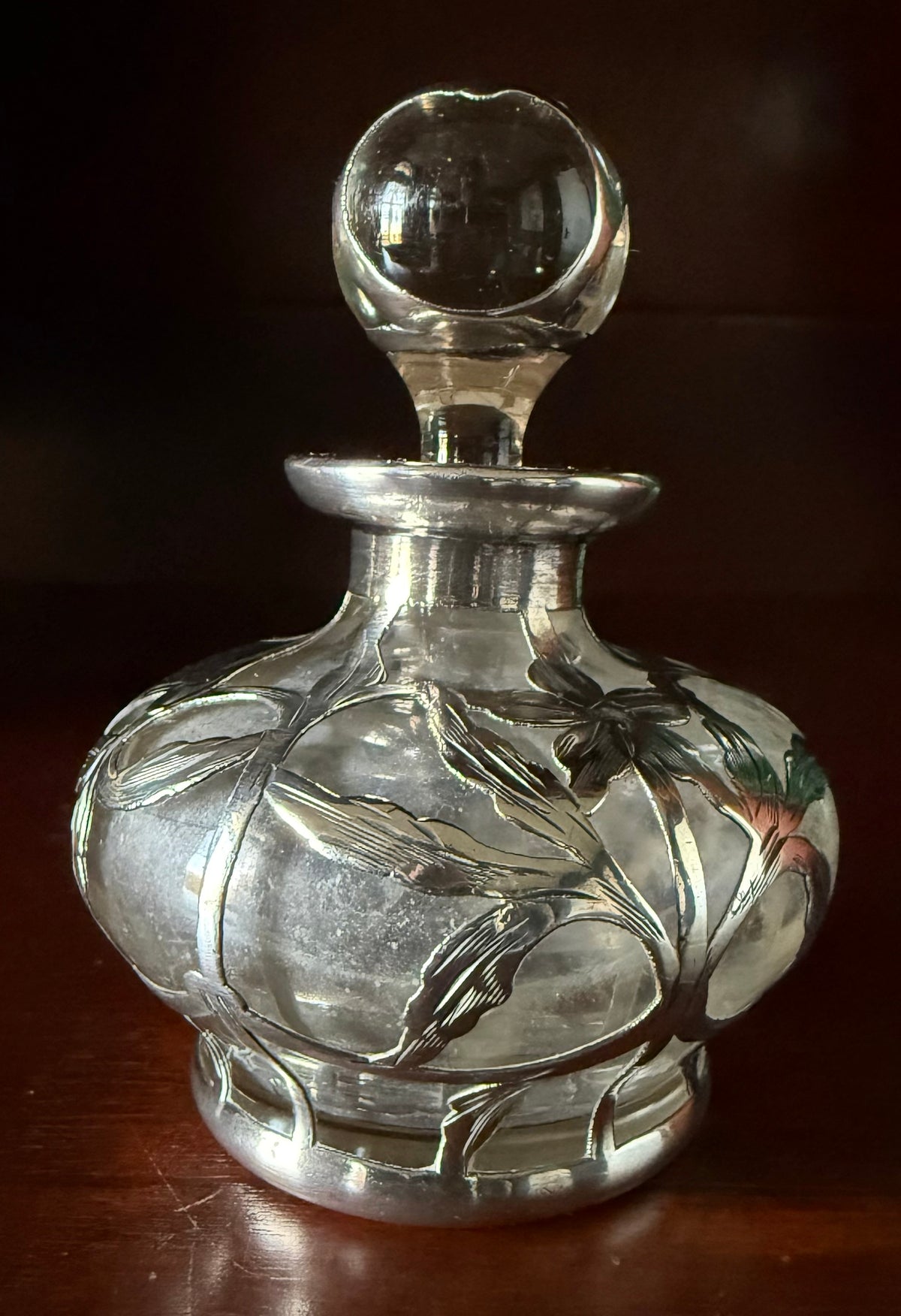 Pair Antique Sterling Silver Overlay Perfume Bottles, Engraved Art Nouveau