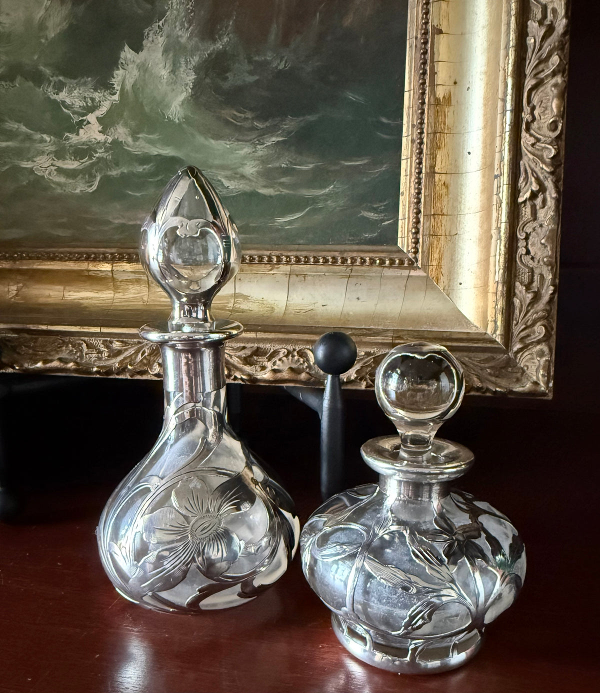 Pair Antique Sterling Silver Overlay Perfume Bottles, Engraved Art Nouveau