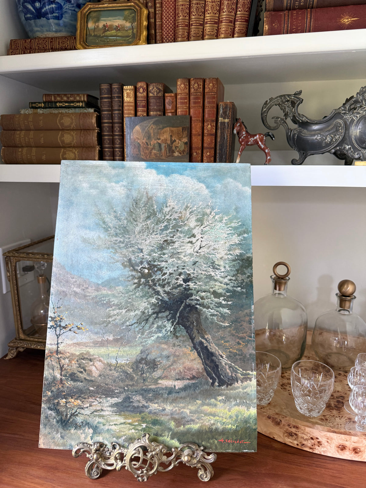 Vintage French Oil on Board, Willow Landscape, Signed H. Thévenot, Loire 1963