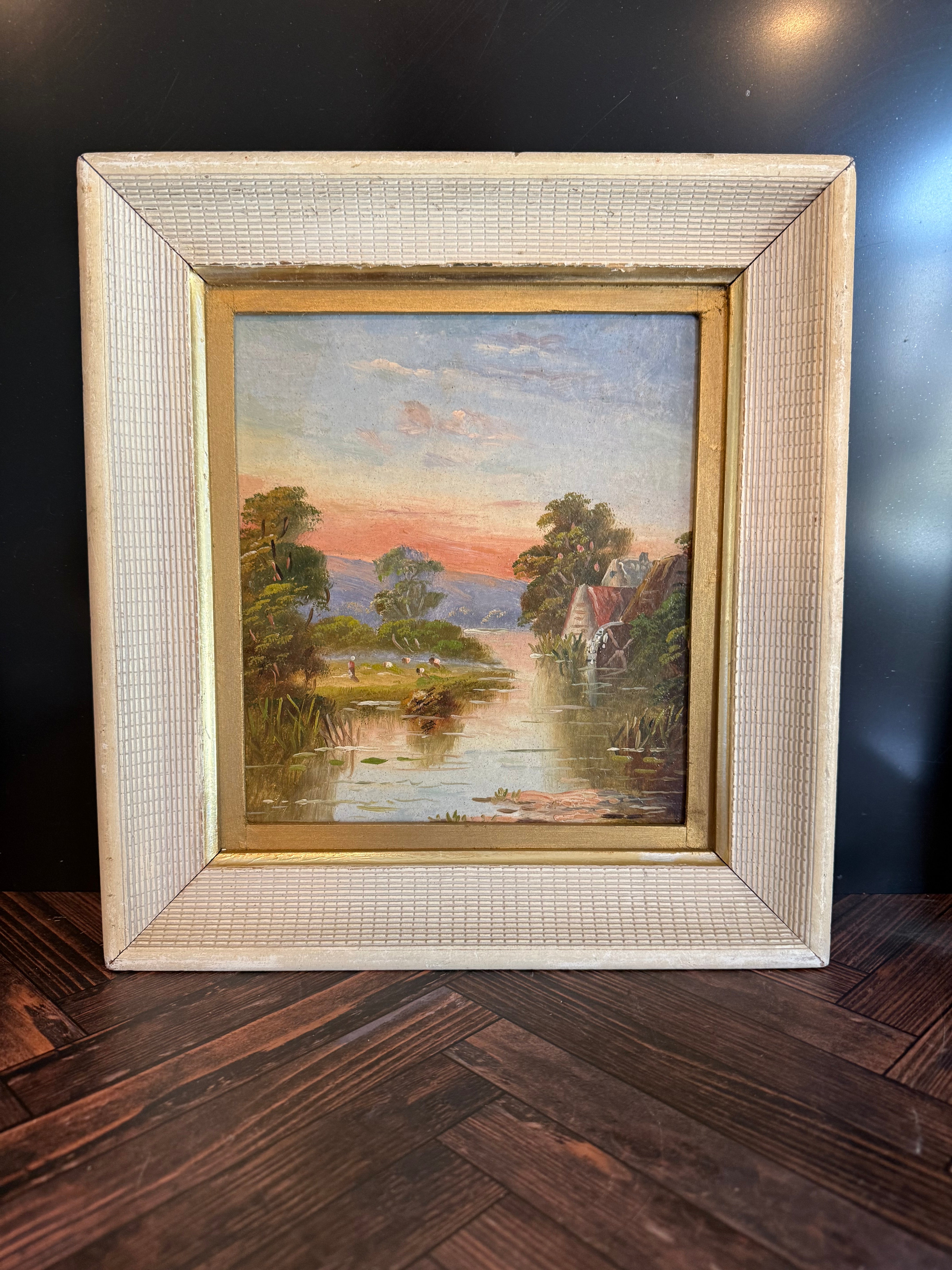 Antique British Oil on Board Pastoral River Landscape — Late Victorian Watermill at Sunset