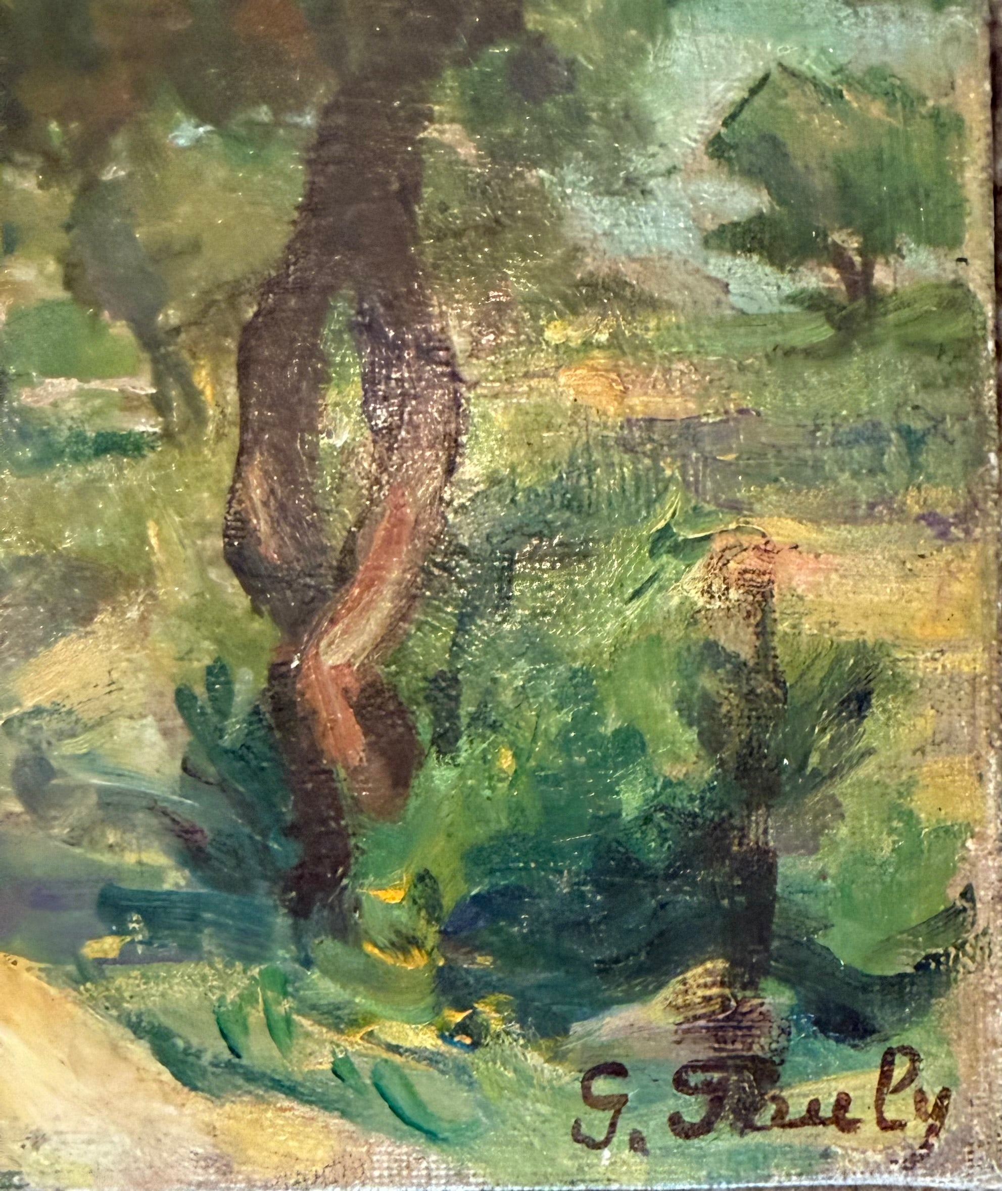 Antique French Oil on Canvas Board Provençal Landscape — Signed G. Fauly Olive Trees and Mountain
