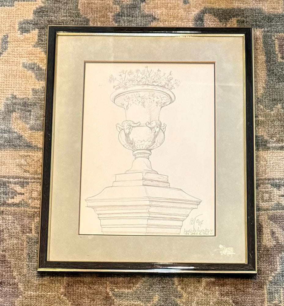 Original Pencil Drawing, Stone Urn, Jardin du Luxembourg, Signed Dated 1987
