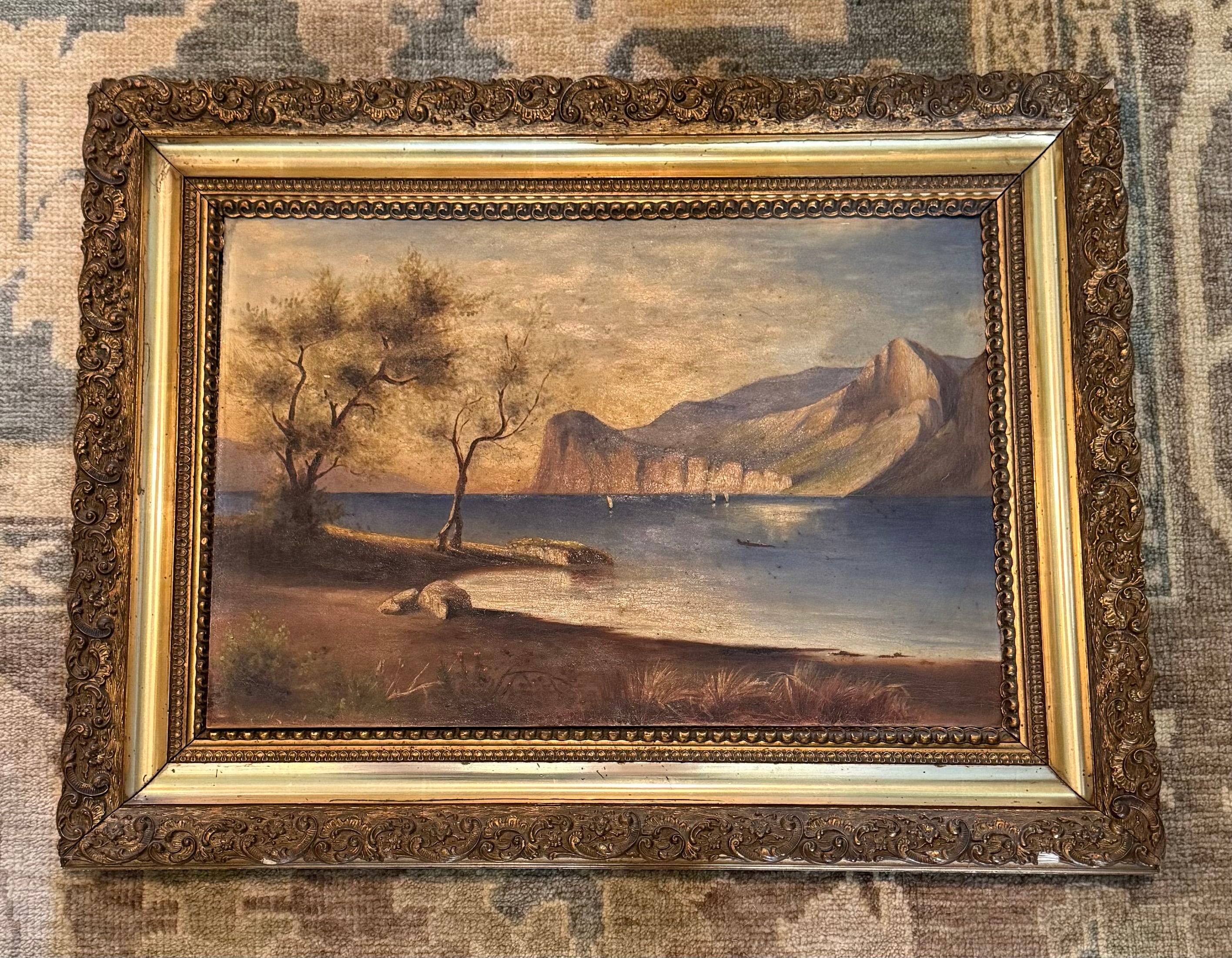 Antique Oil Painting, Mediterranean Coastal Landscape