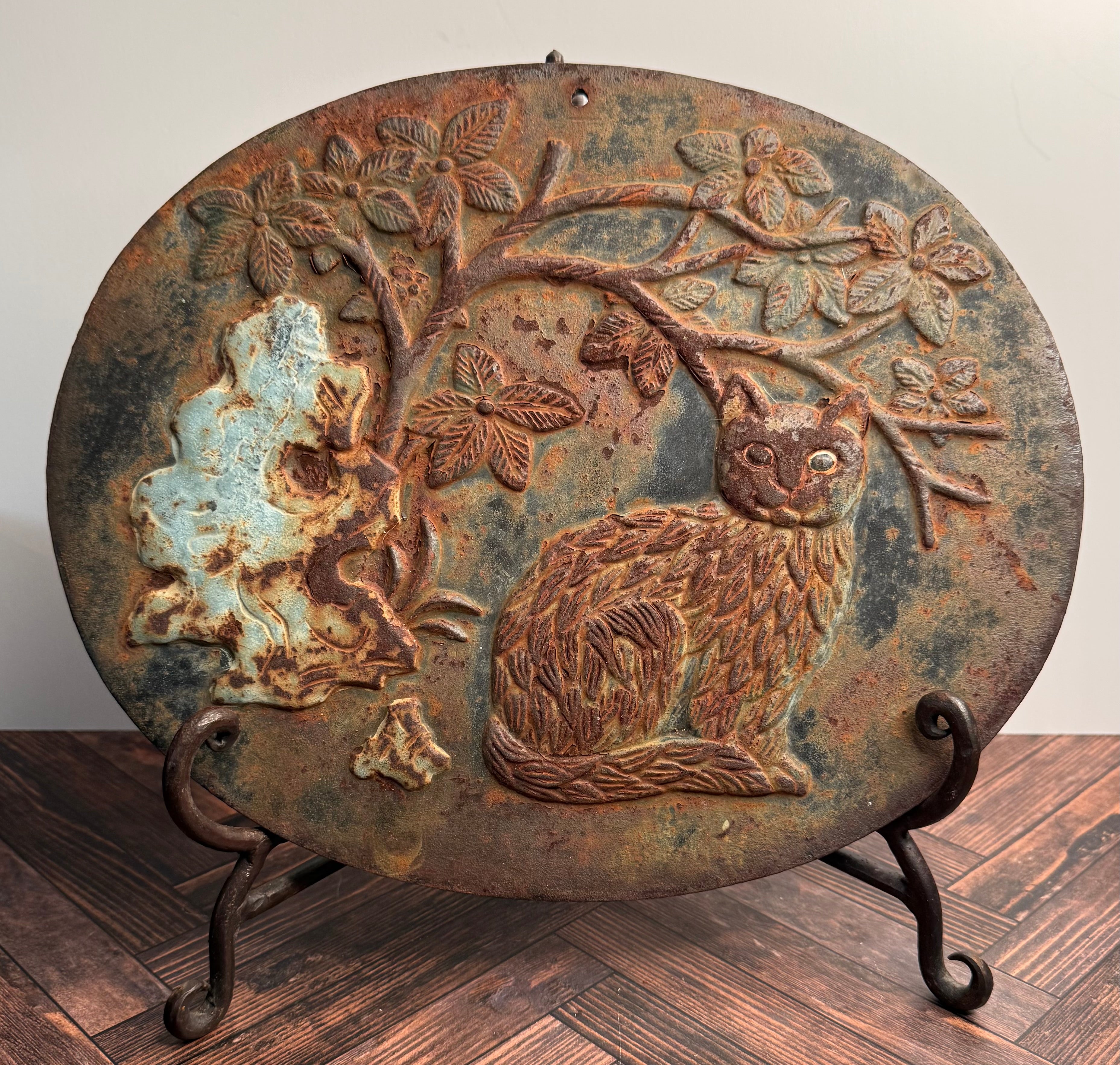 Antique Cast Iron Oval Wall Plaque — Bas-Relief Cat Among Flowering Branches Late 19th Century