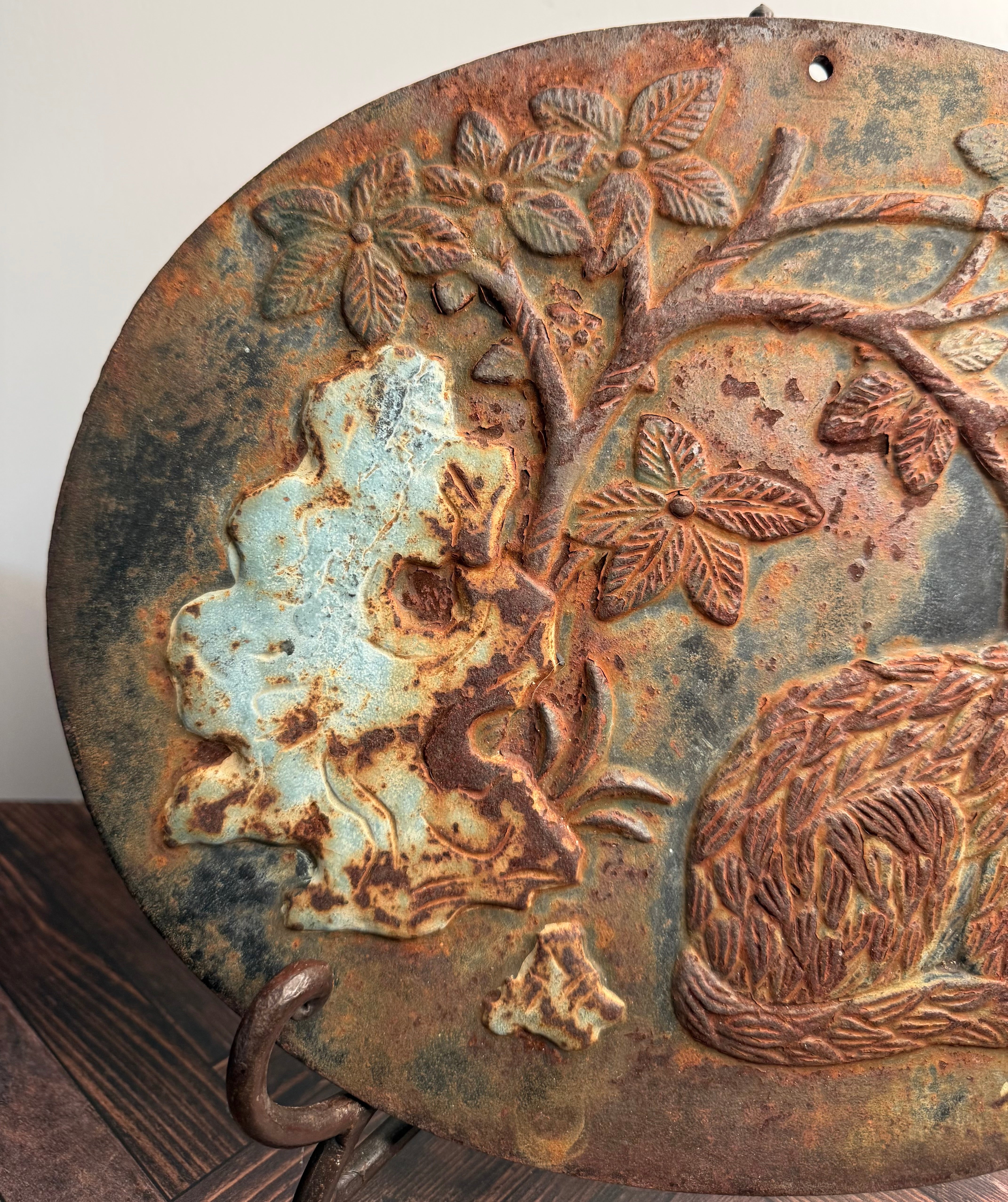 Antique Cast Iron Oval Wall Plaque — Bas-Relief Cat Among Flowering Branches Late 19th Century