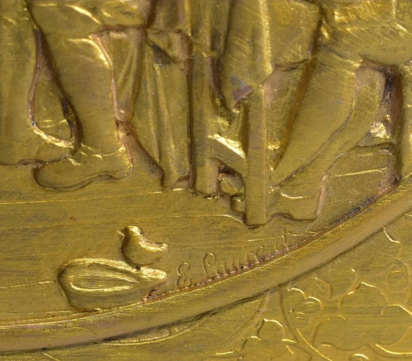 Antique French Gilt Brass Figural Casket — Signed E. Laurent High-Relief Tavern Scene 19th Century