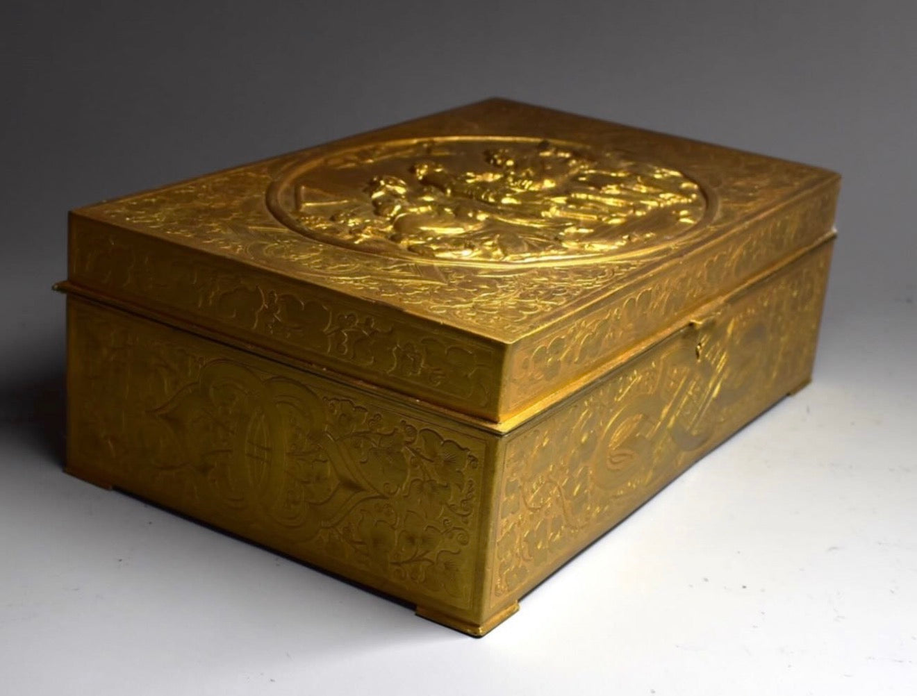 Antique French Gilt Brass Figural Casket — Signed E. Laurent High-Relief Tavern Scene 19th Century