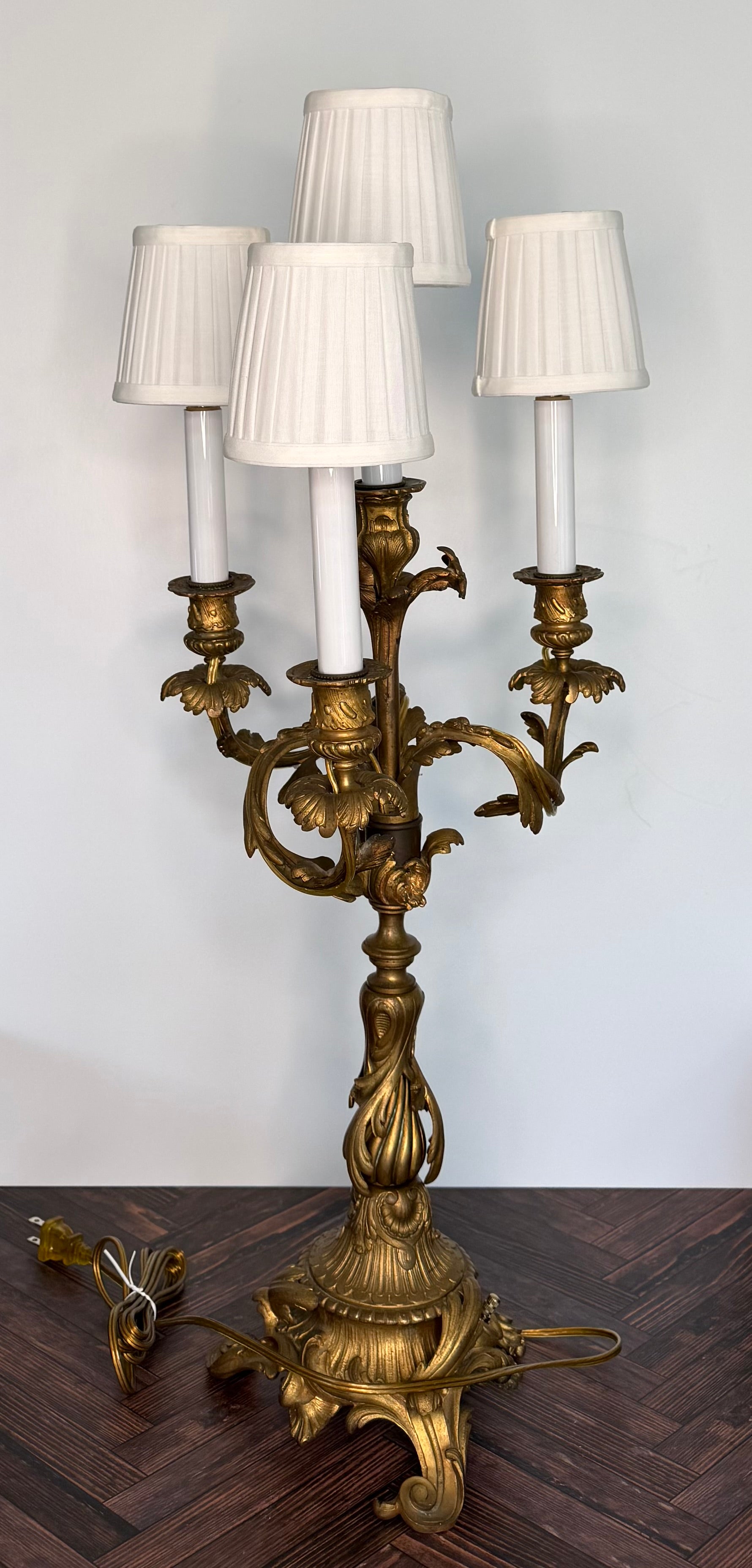 Antique French Brass Four-Light Candelabra Table Lamp — Louis XV Style Rococo Revival Electrified