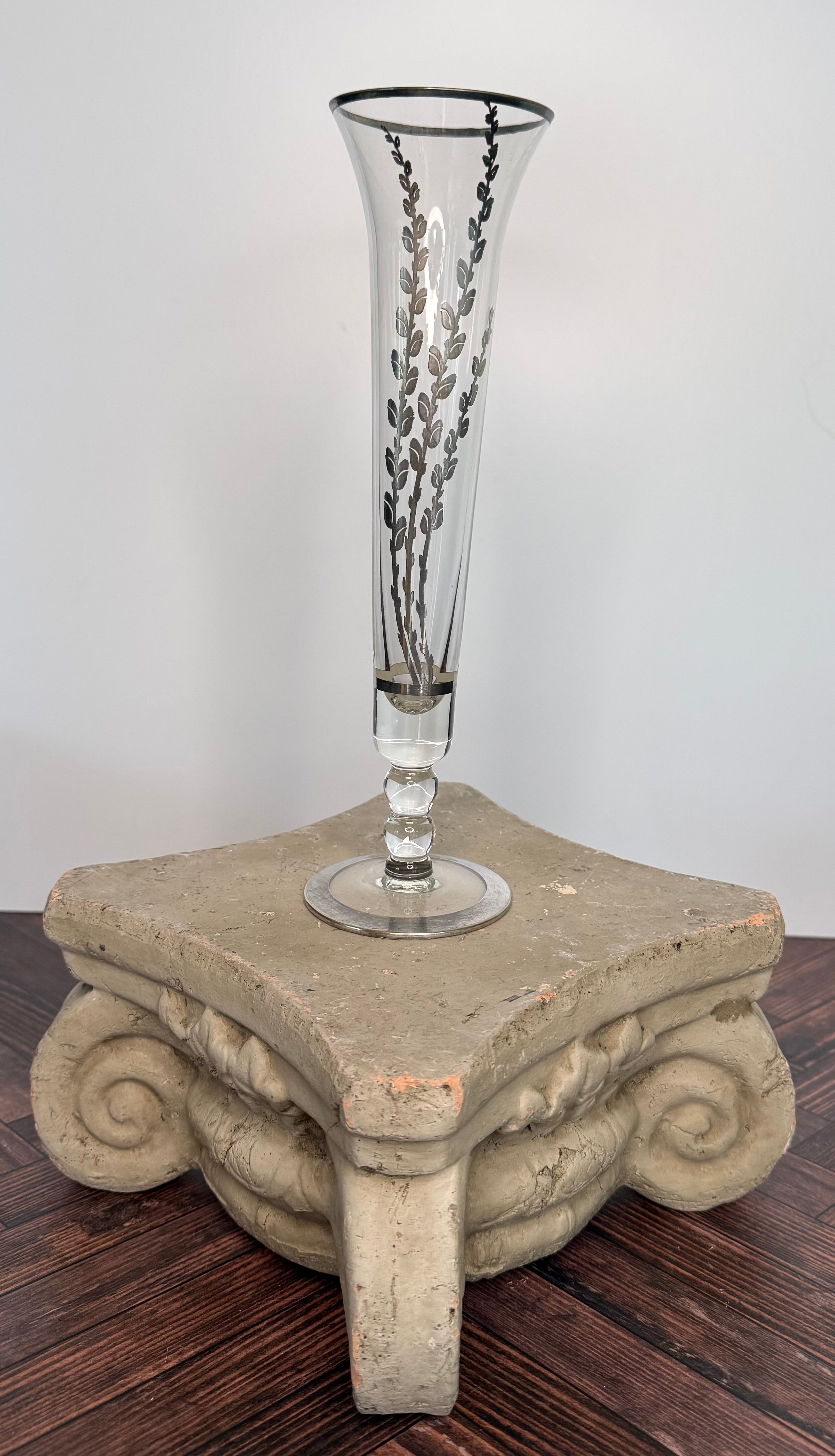 Antique Silver Overlay Glass Trumpet Vase