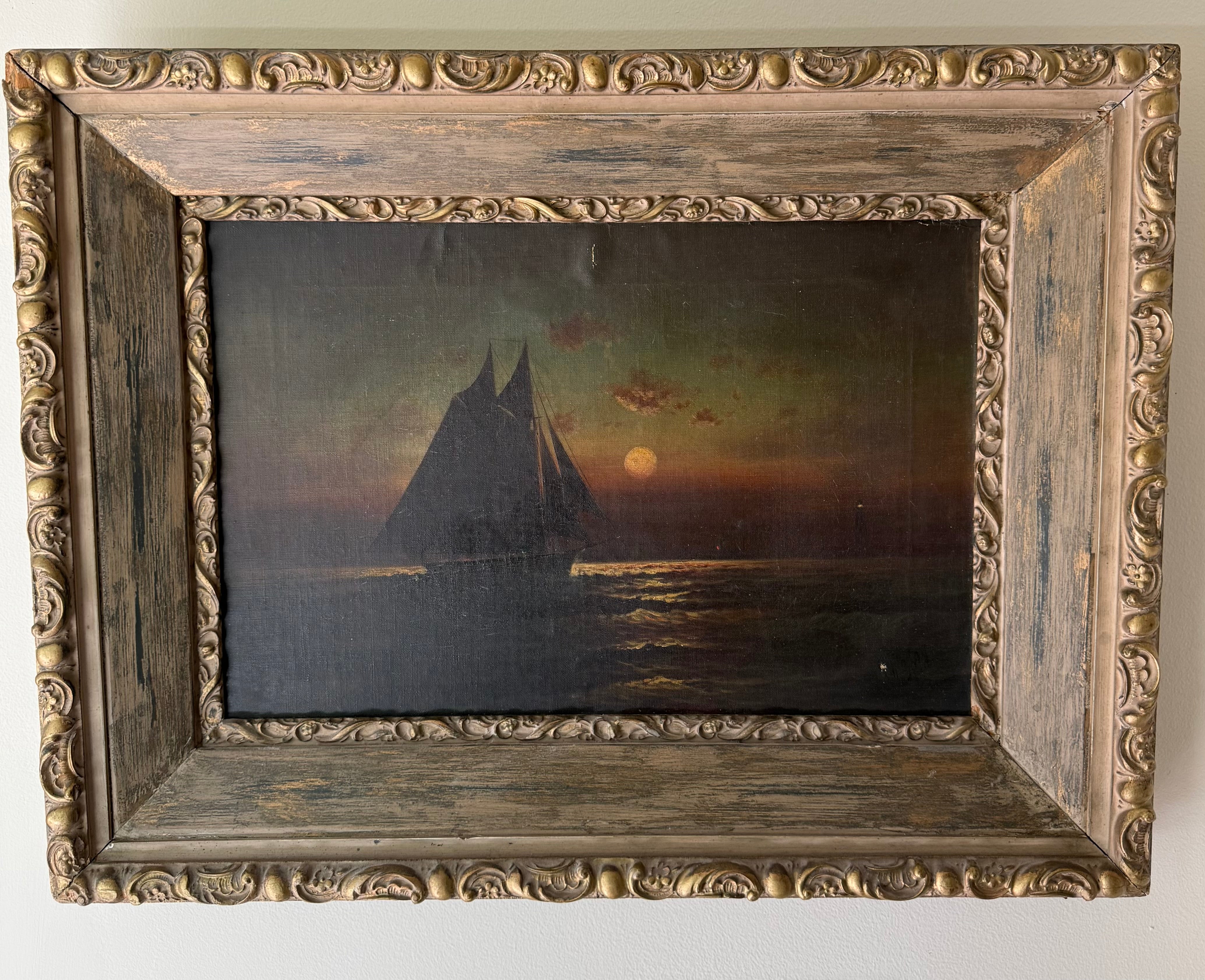 American Marine Oil, Moonlit Sailing Vessel, Signed Moran, Late 19th Century
