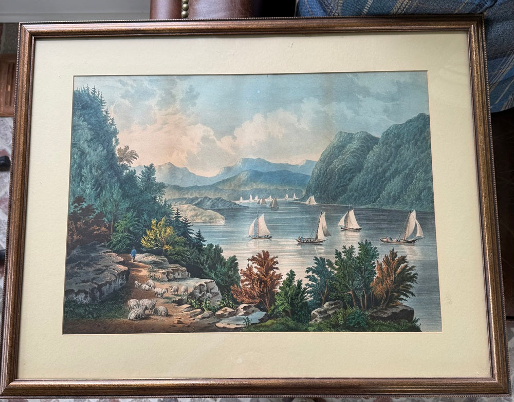 Currier & Ives Hand-Colored Lithograph, Hudson River, Fanny Palmer, 19th Century