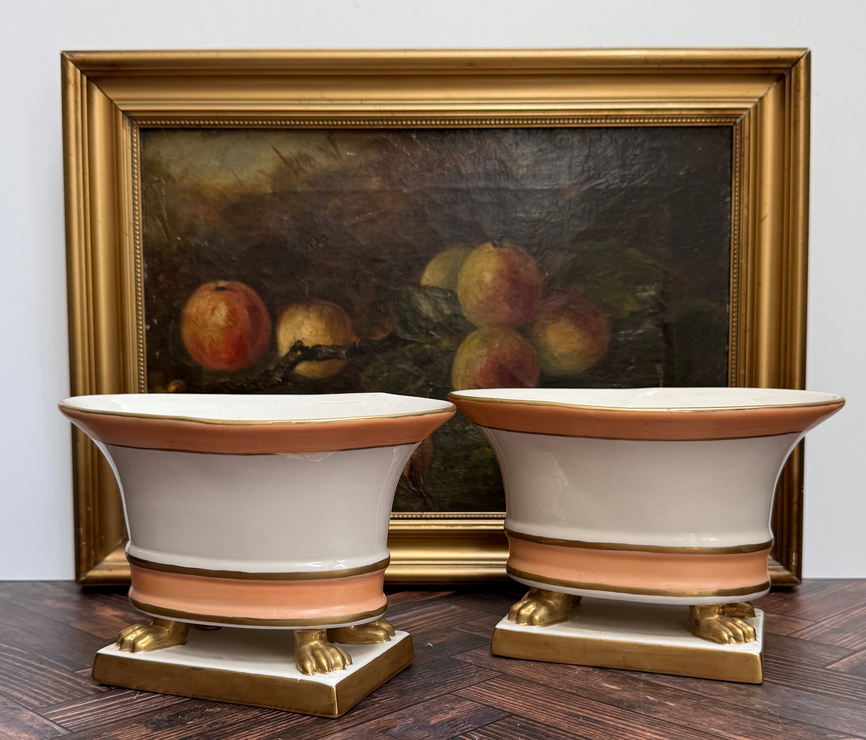 Pair Continental Empire Porcelain Vases, Peach Gilt, Claw Feet, Marked 23