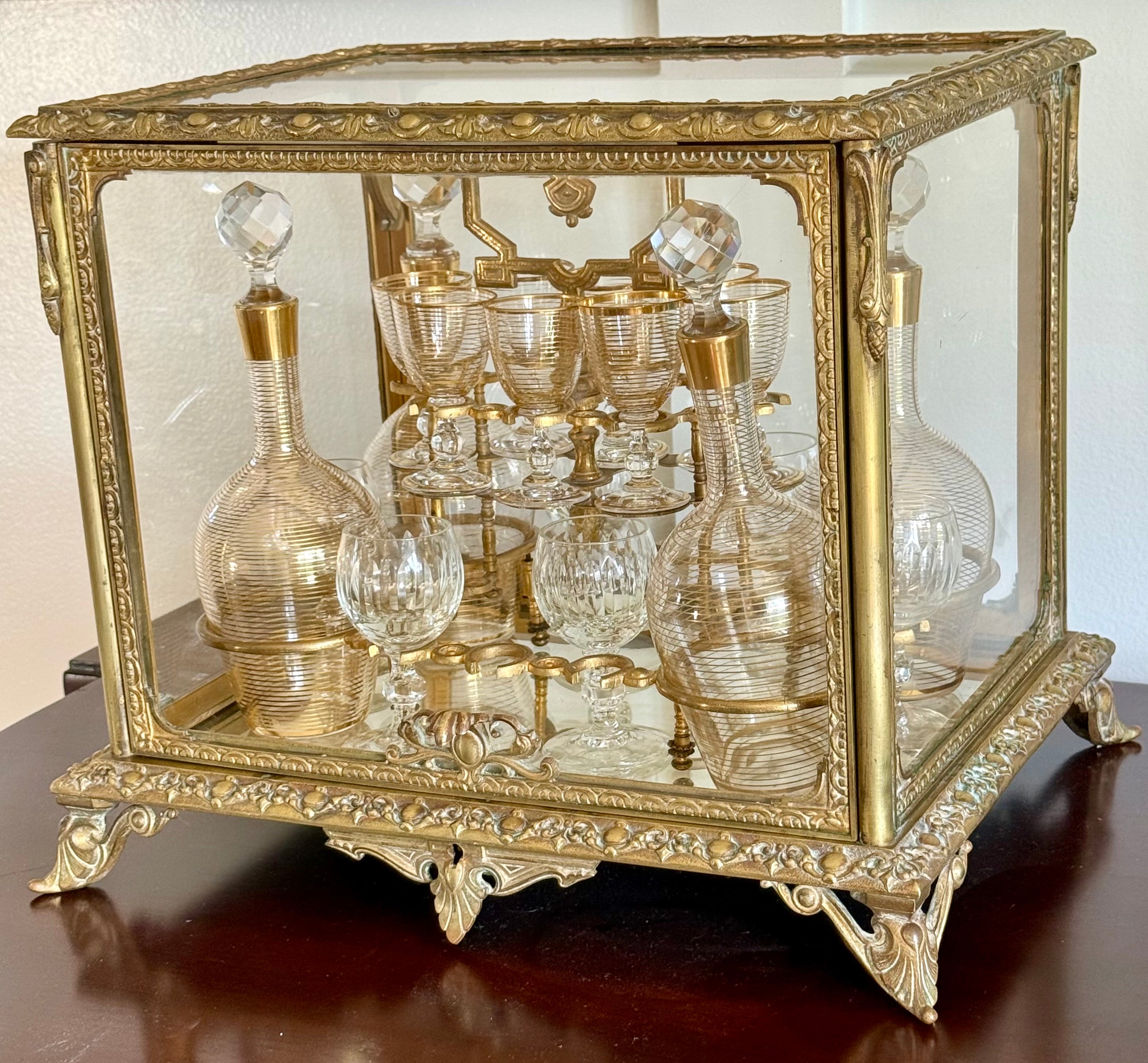 French Cave à Liqueur, Napoleon III, Gilt Brass and Beveled Glass with Crystal Decanters