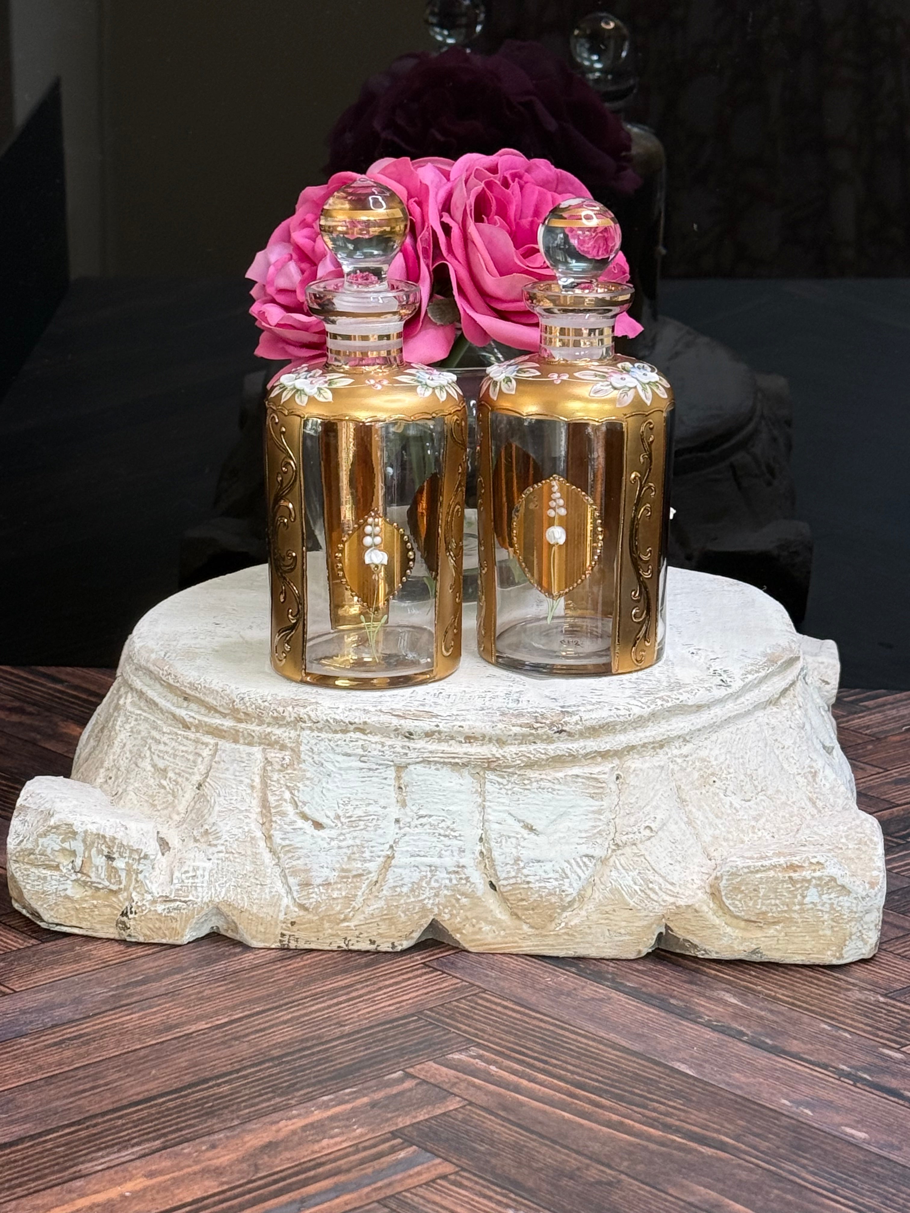 Antique Bohemian Gilt Enamel Perfume Bottle Pair — Raised White Florals Late 19th Century