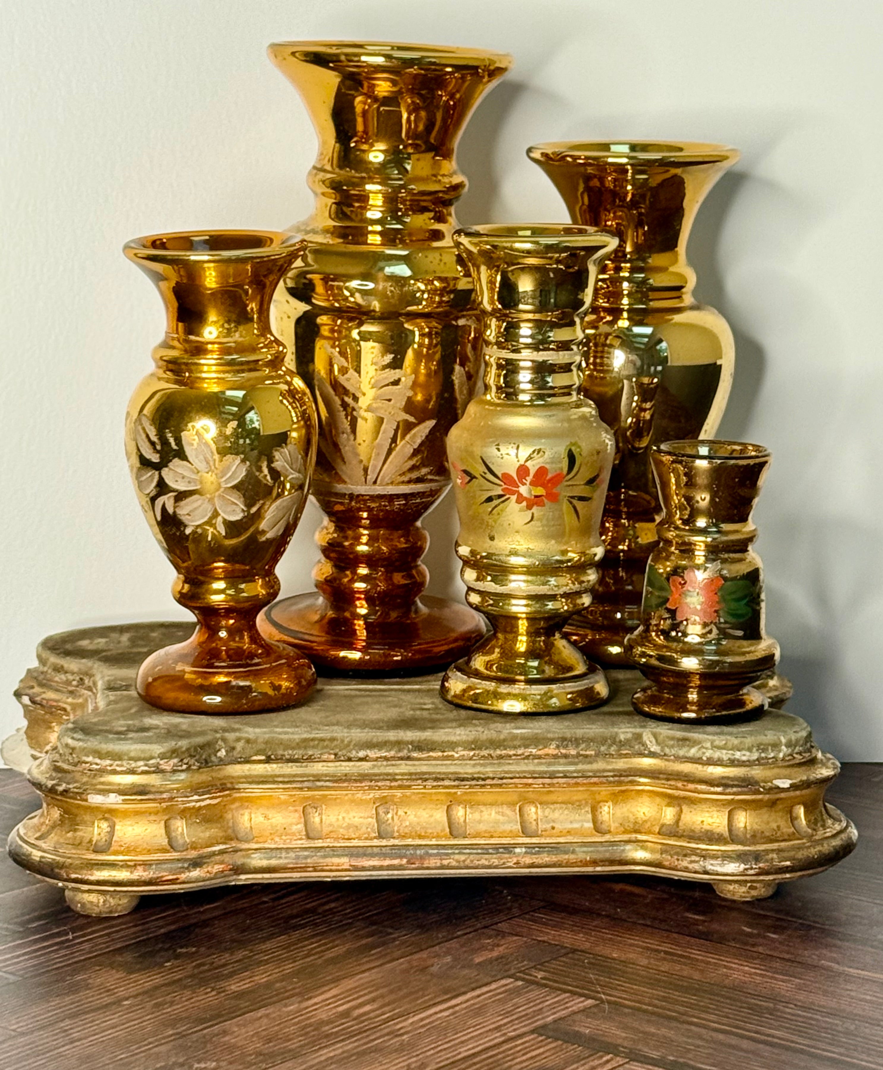 Antique Victorian Gold Mercury Glass Vase Collection — Set of 5 Hand-Painted, c. 1860–1880
