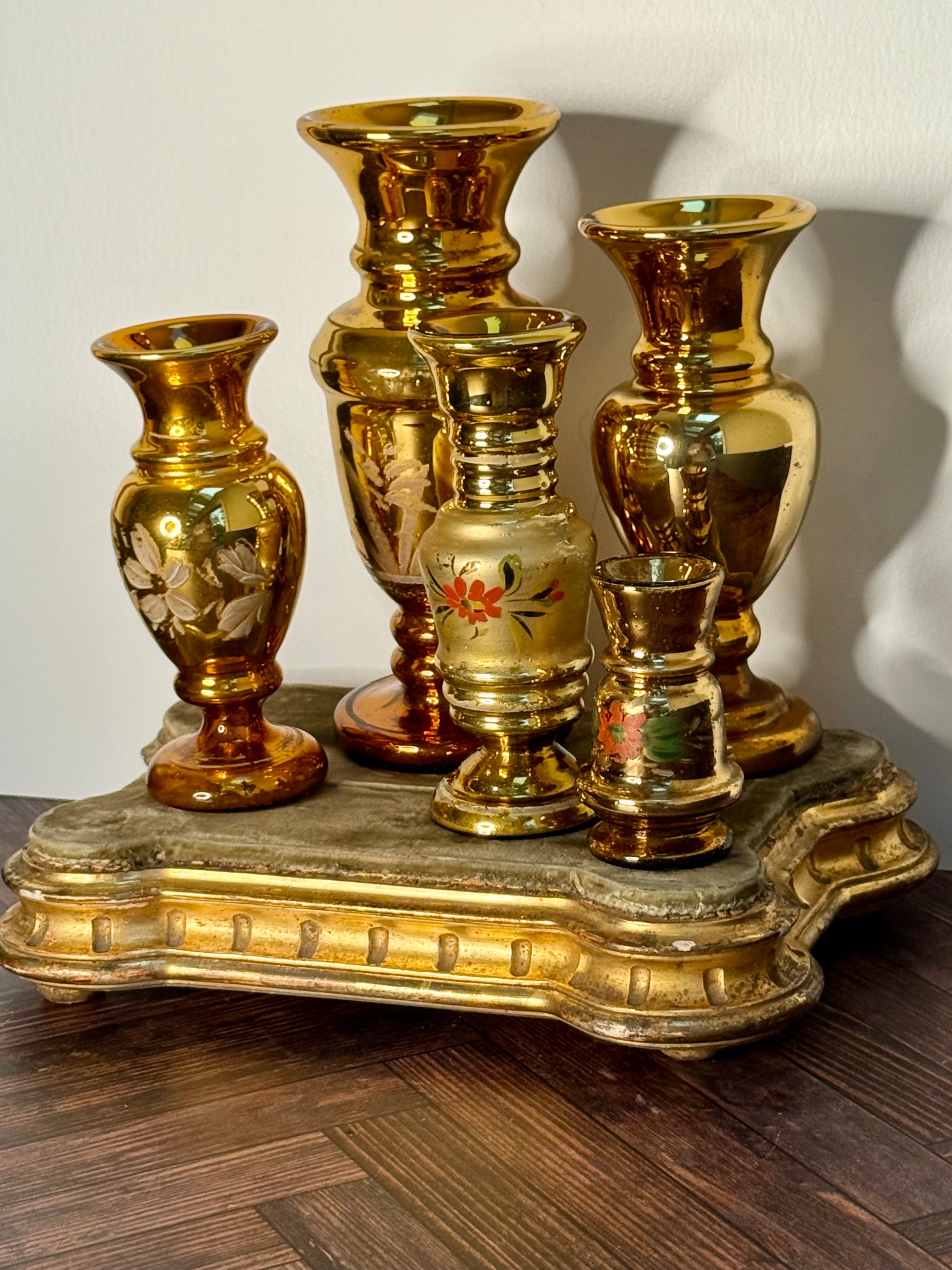 Antique Victorian Gold Mercury Glass Vase Collection — Set of 5 Hand-Painted, c. 1860–1880