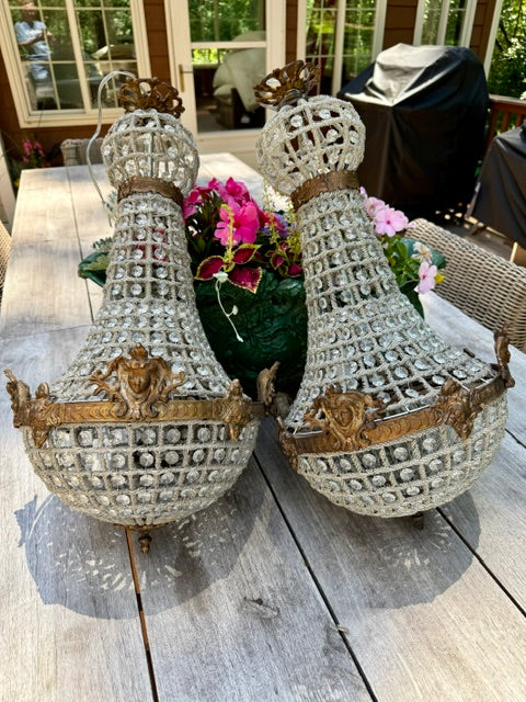 Pair French Glass Beaded Basket Chandeliers, Empire Taste, Early 20th Century