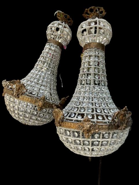 Pair French Glass Beaded Basket Chandeliers, Empire Taste, Early 20th Century