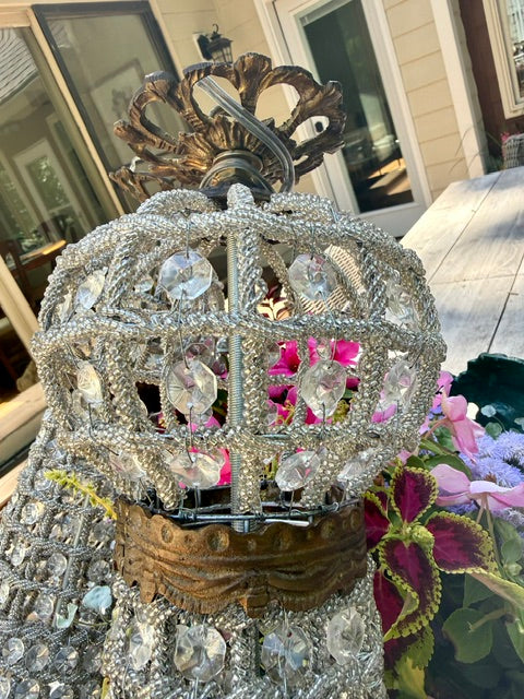 Pair French Glass Beaded Basket Chandeliers, Empire Taste, Early 20th Century
