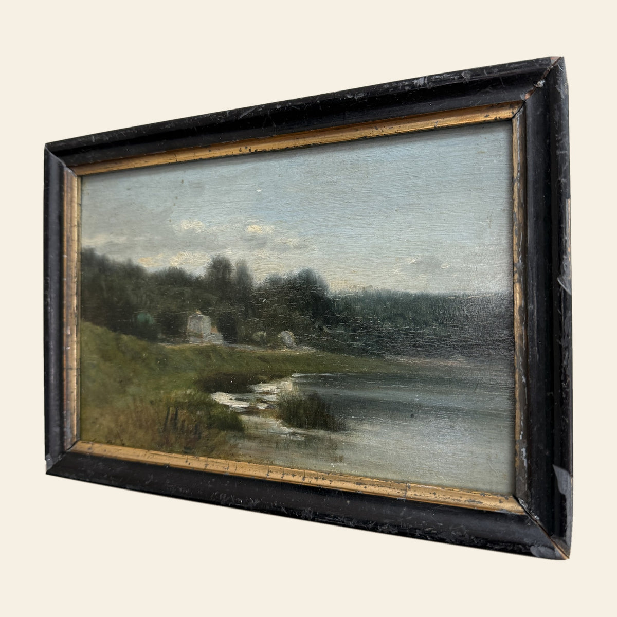 Antique 19th C. Barbizon Style Oil on Board, River Marsh, Ebonized Frame